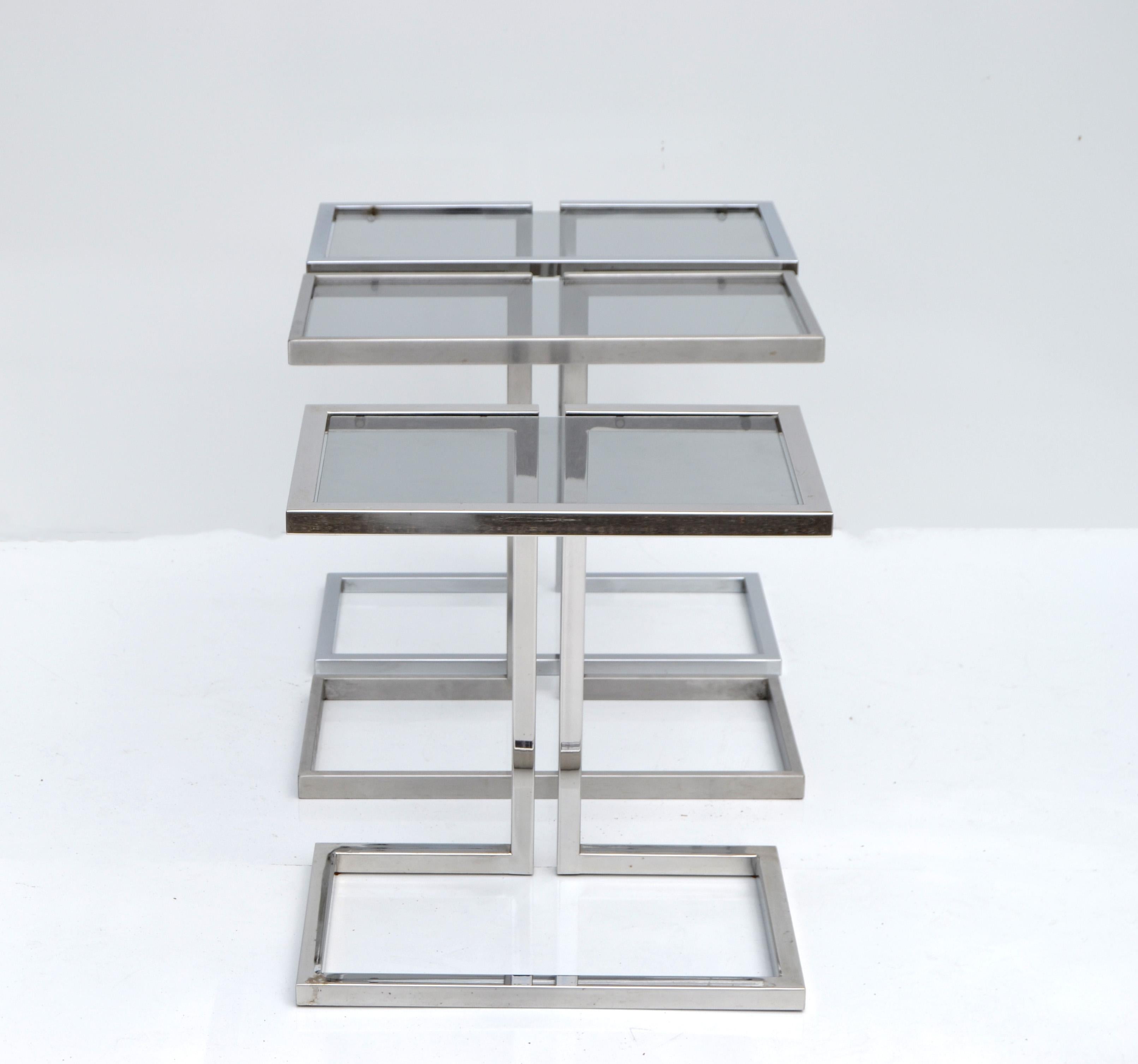 Guy Lefèvre 3 French Mid-Century Modern Silver Finish & Smoked Glass Top Table In Good Condition For Sale In Miami, FL