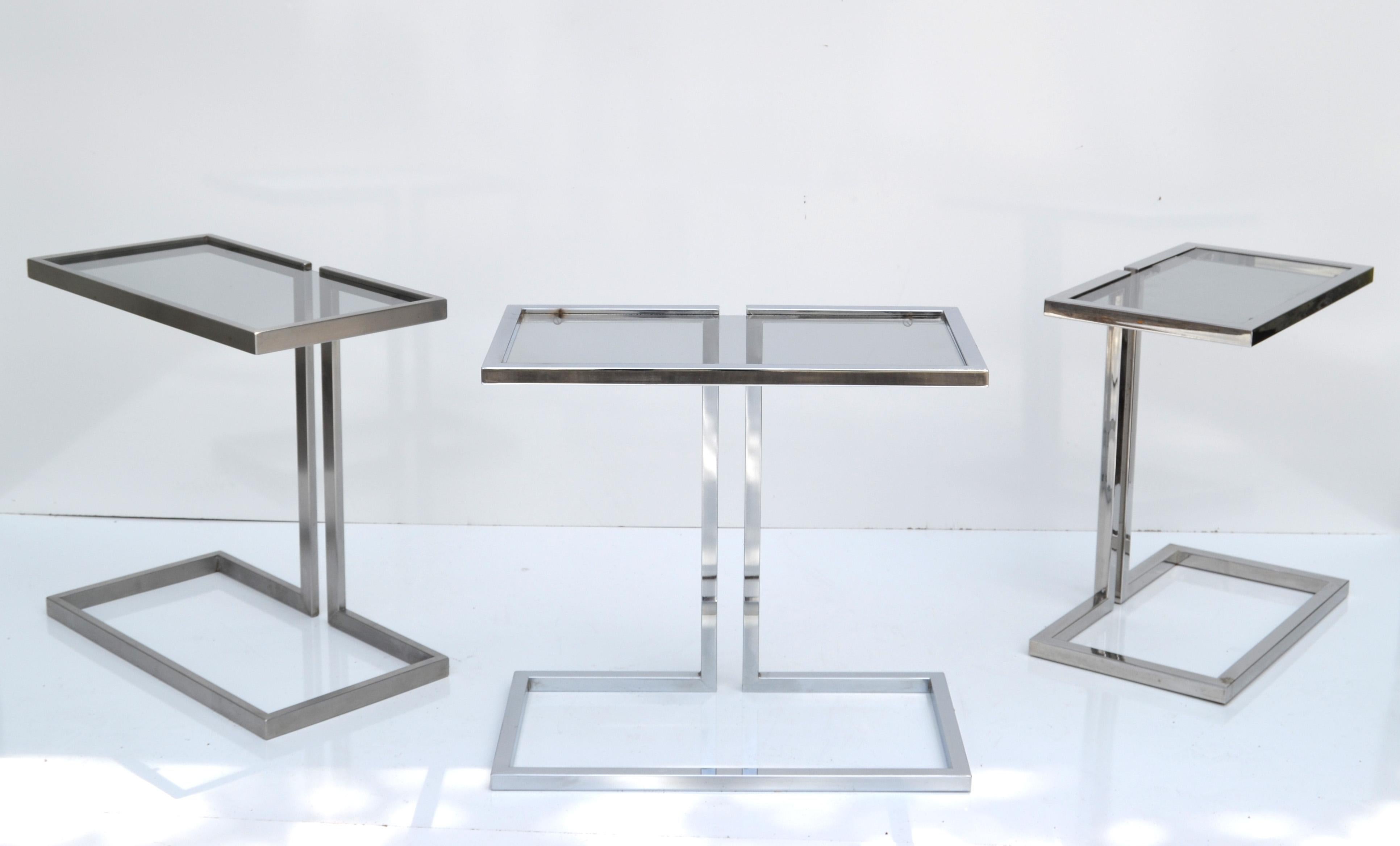 Mid-20th Century Guy Lefèvre 3 French Mid-Century Modern Silver Finish & Smoked Glass Top Table For Sale