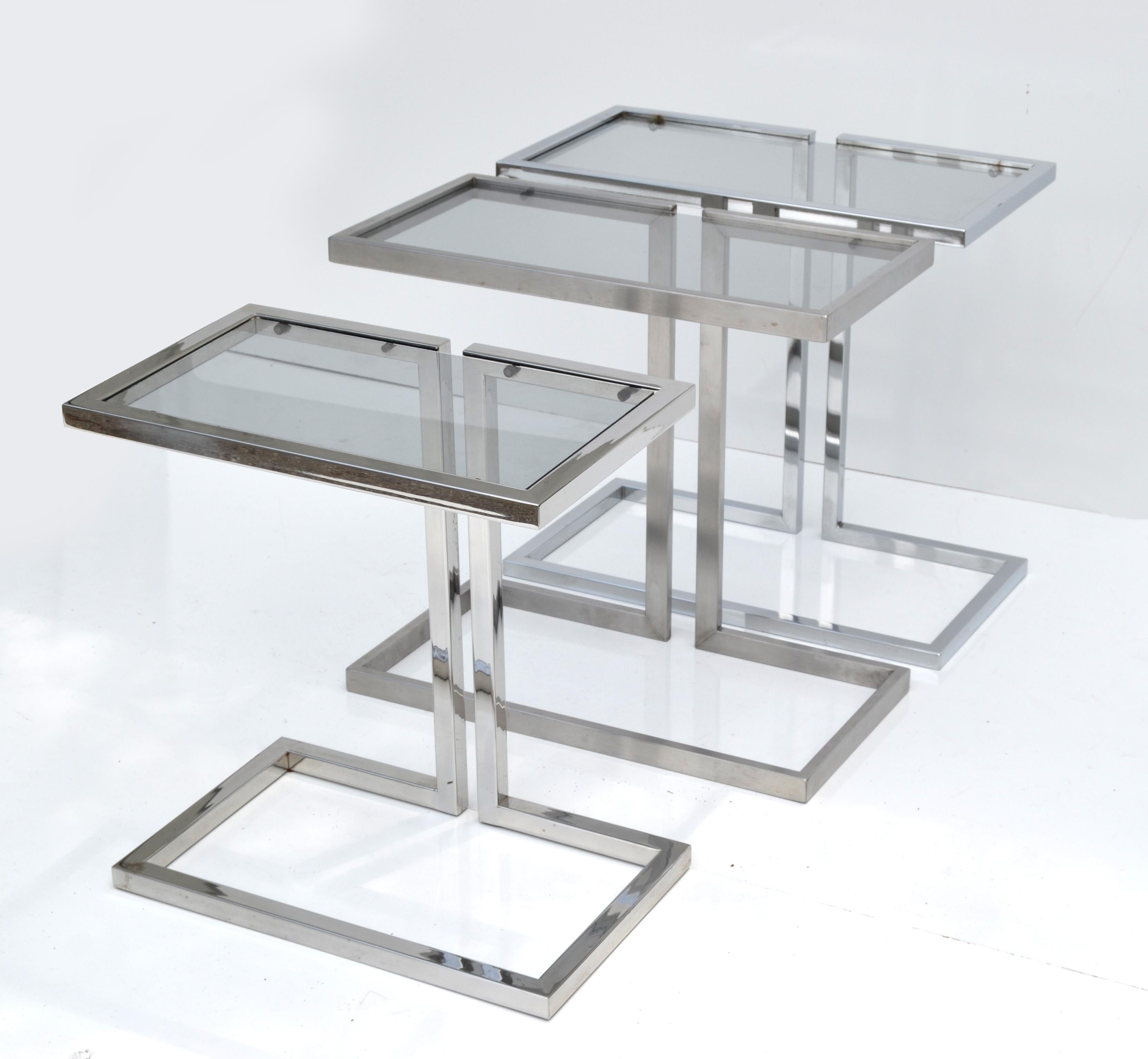 Aluminum Guy Lefèvre 3 French Mid-Century Modern Silver Finish & Smoked Glass Top Table For Sale