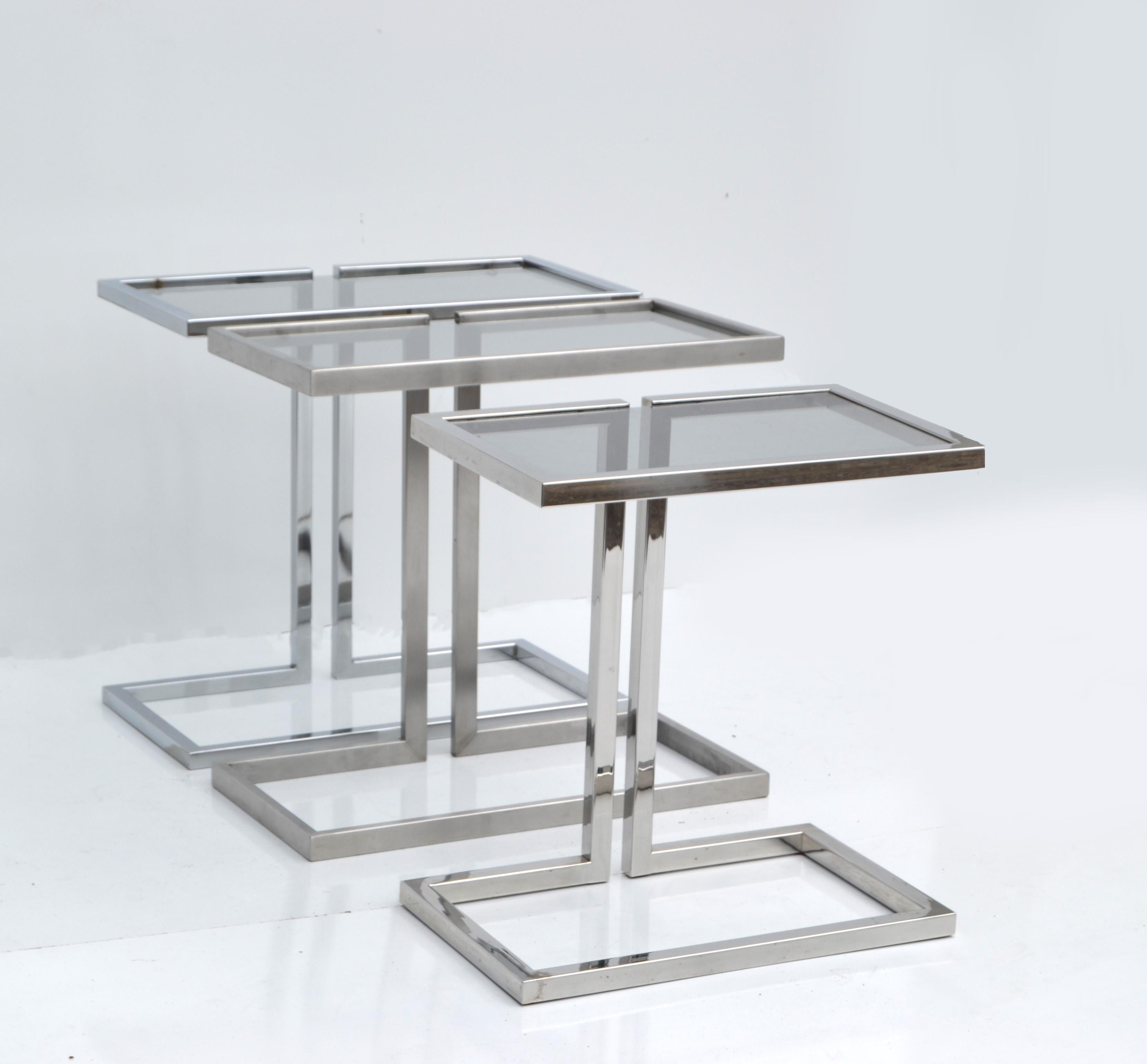 Guy Lefèvre 3 French Mid-Century Modern Silver Finish & Smoked Glass Top Table For Sale 1