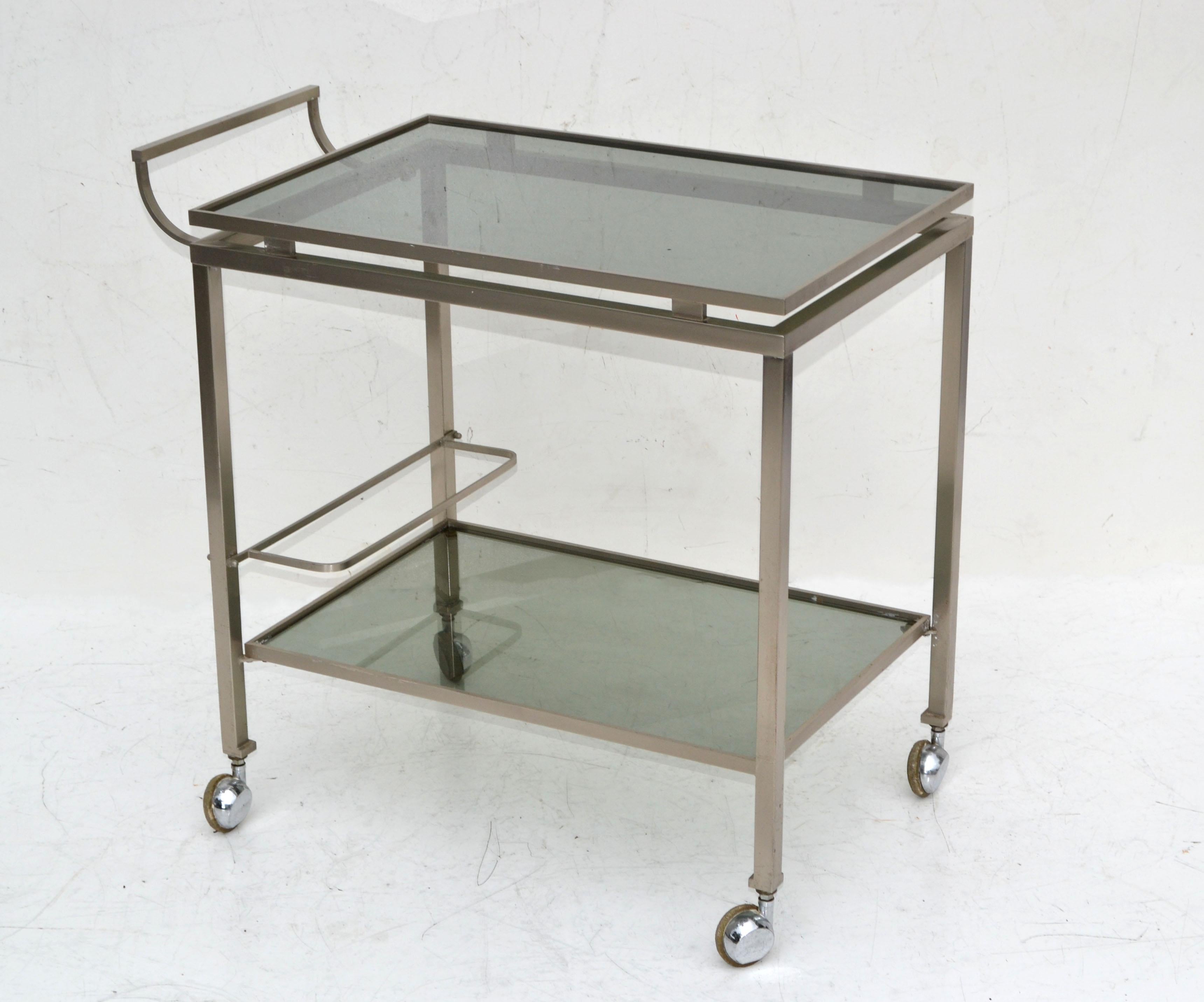 French Guy Lefevre Bar Cart Chrome & Smoked Glass Maison Jansen Mid-Century Modern 1965 For Sale