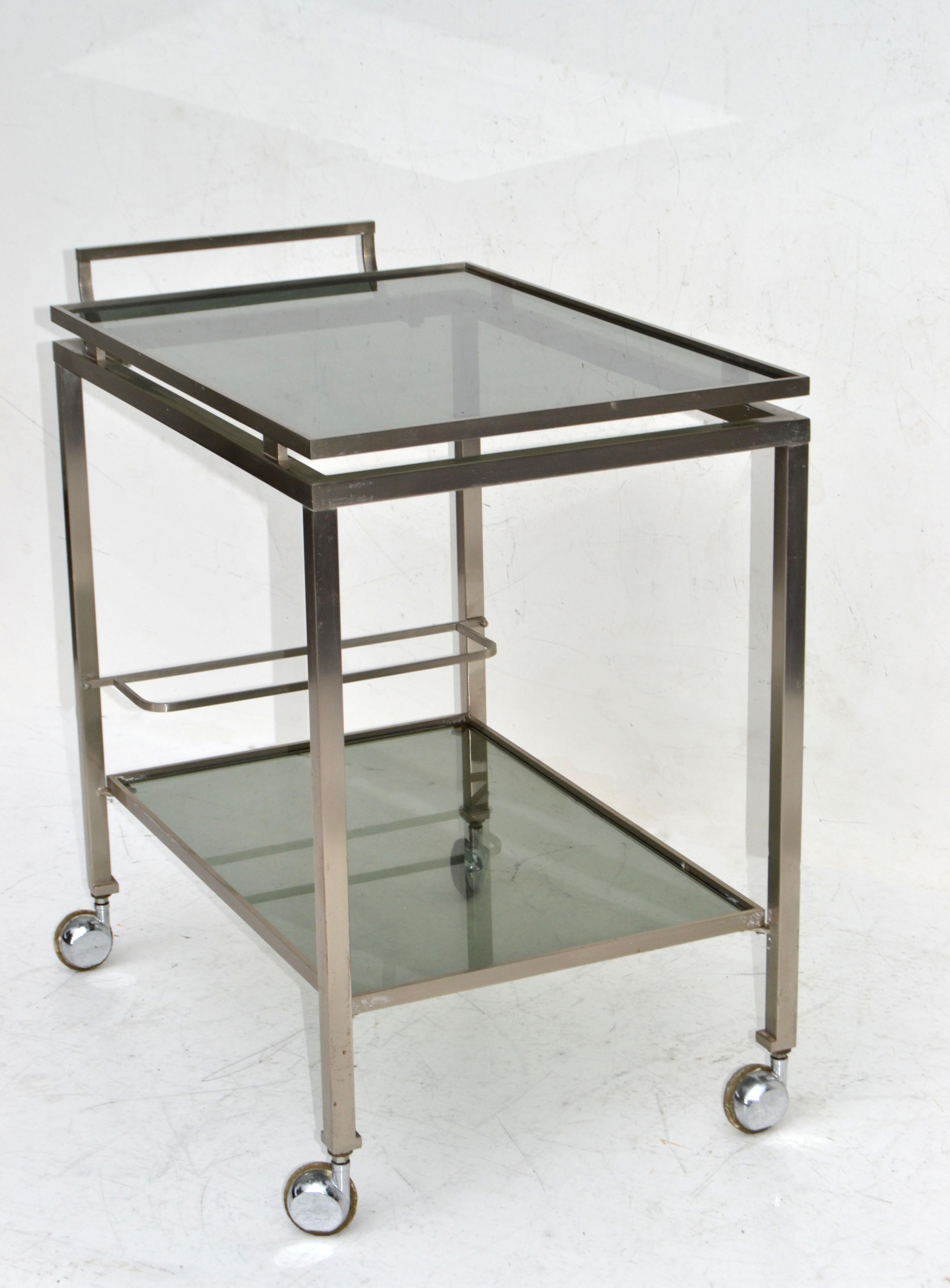 Polished Guy Lefevre Bar Cart Chrome & Smoked Glass Maison Jansen Mid-Century Modern 1965 For Sale