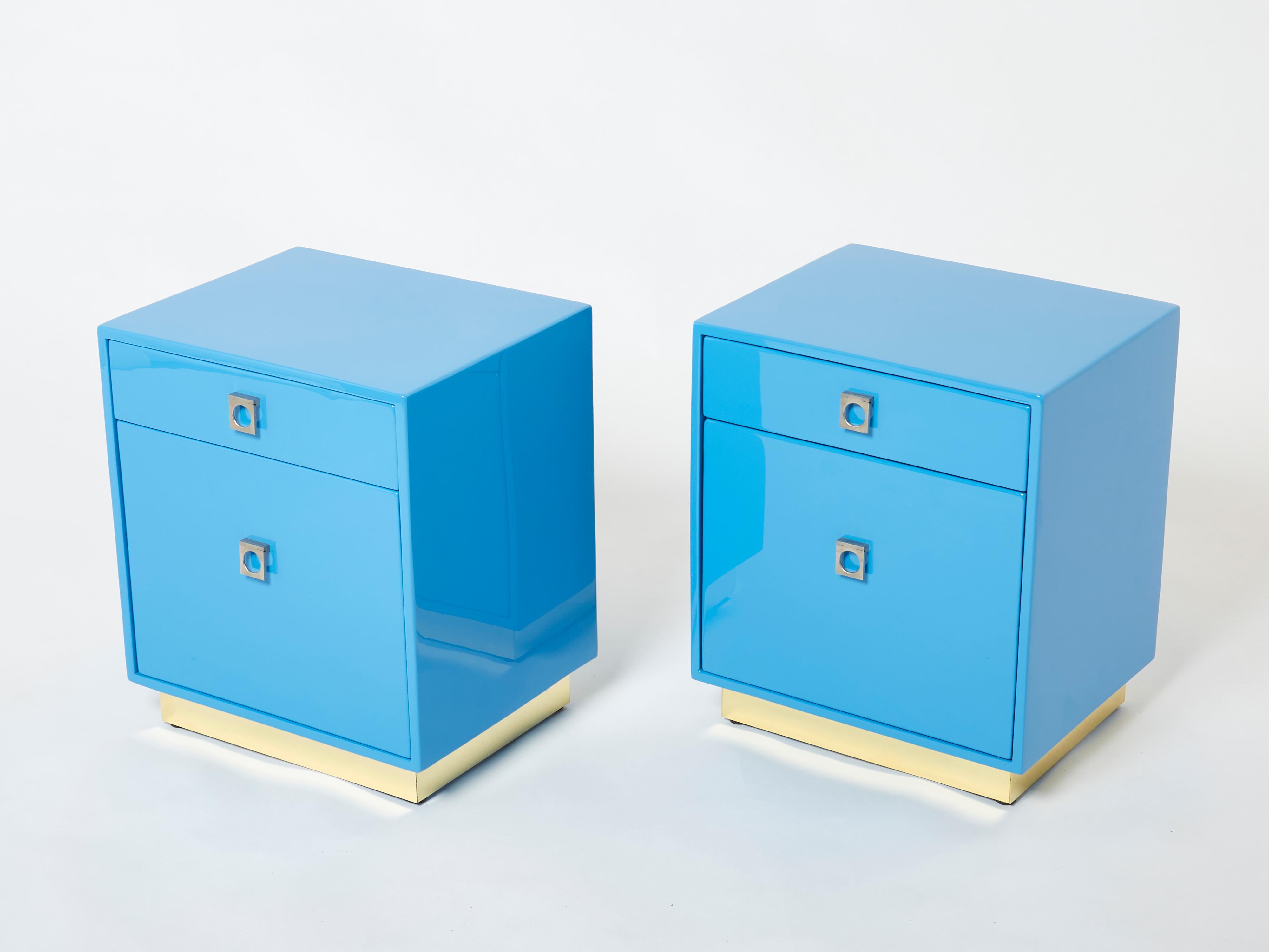 French Guy Lefevre Blue Lacquer Brass End Tables Nighstands Maison Jansen, 1970s