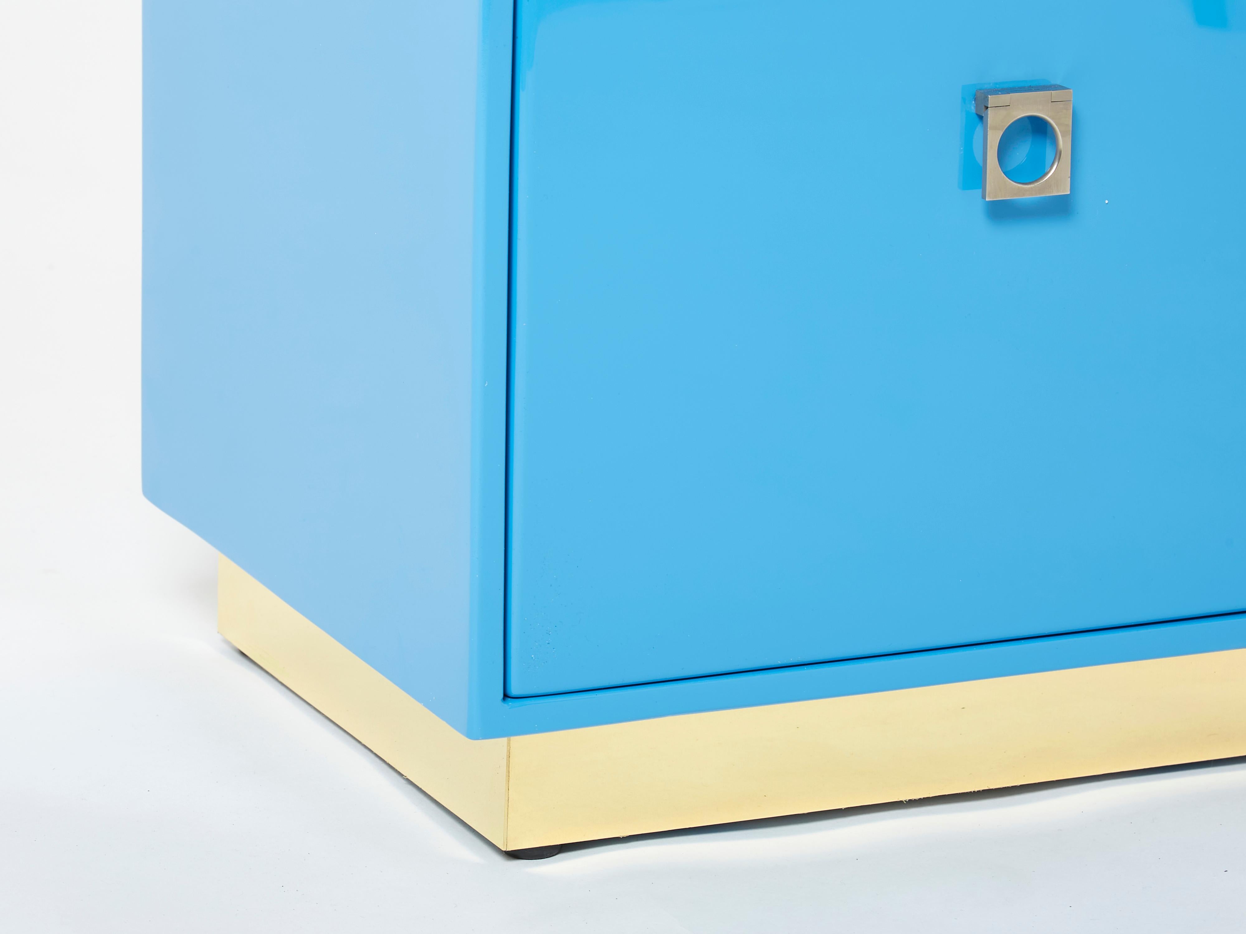 Late 20th Century Guy Lefevre Blue Lacquer Brass End Tables Nighstands Maison Jansen, 1970s