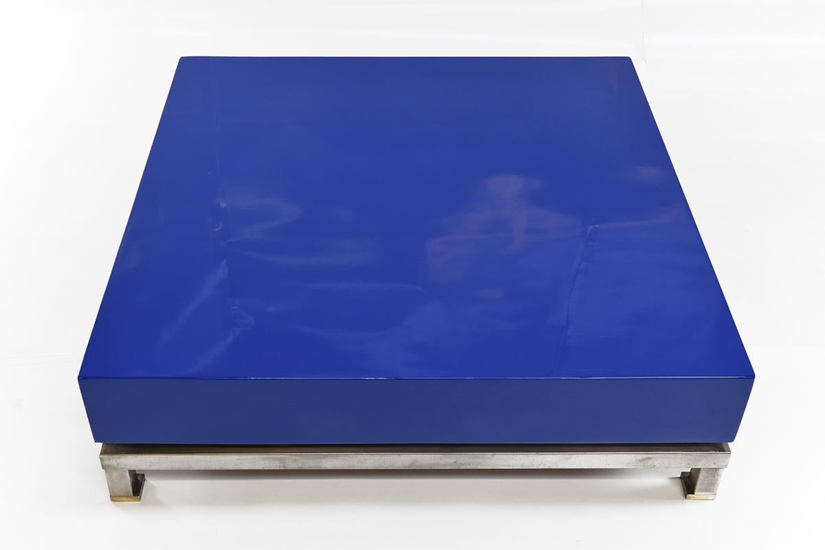 Brass Guy Lefèvre Blue Lacquered Coffee Table for Maison Jansen, 1970s For Sale