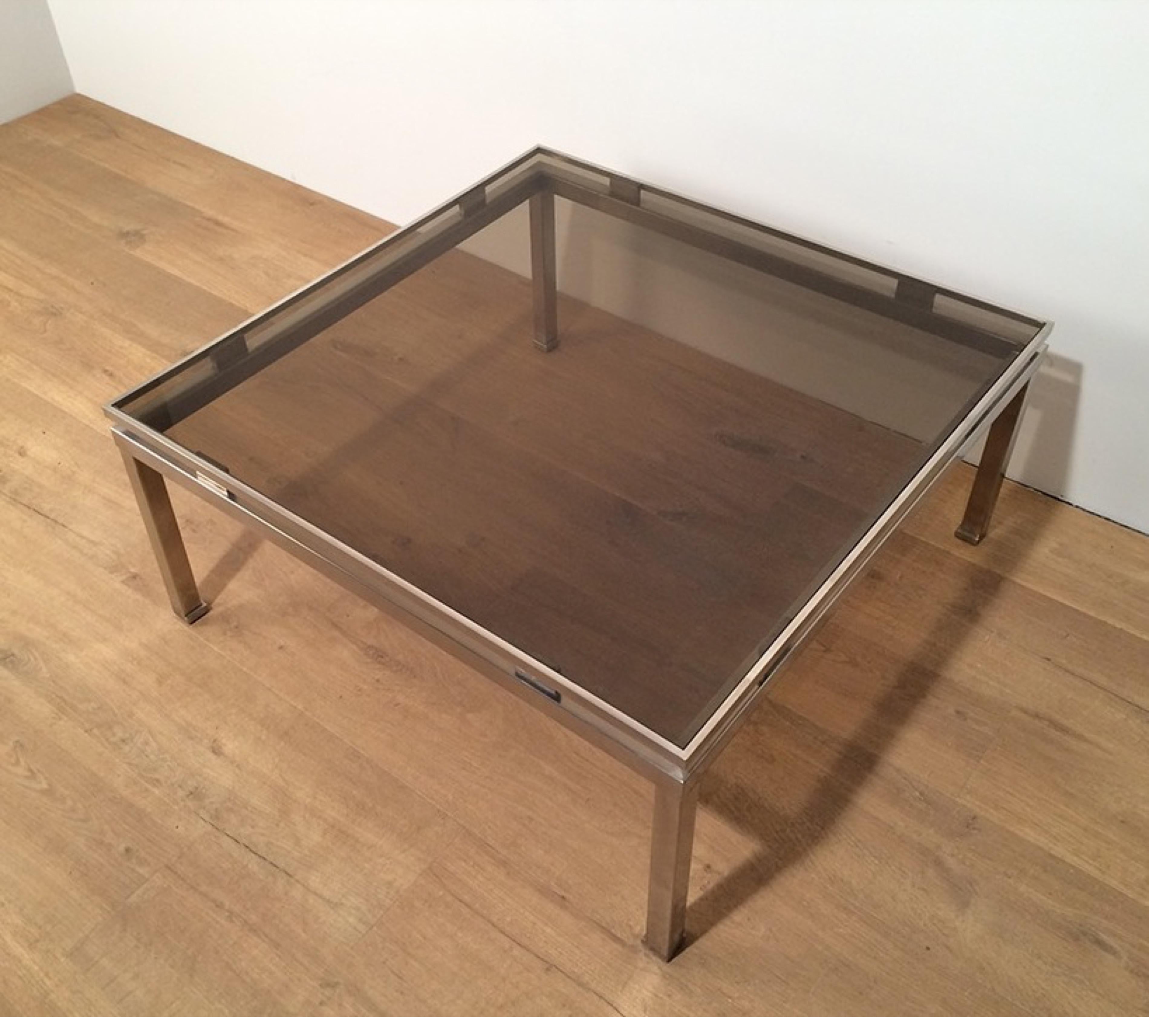 Mid-Century Modern Guy Lefevre, Brushed Steel Square Coffee Table, circa 1970