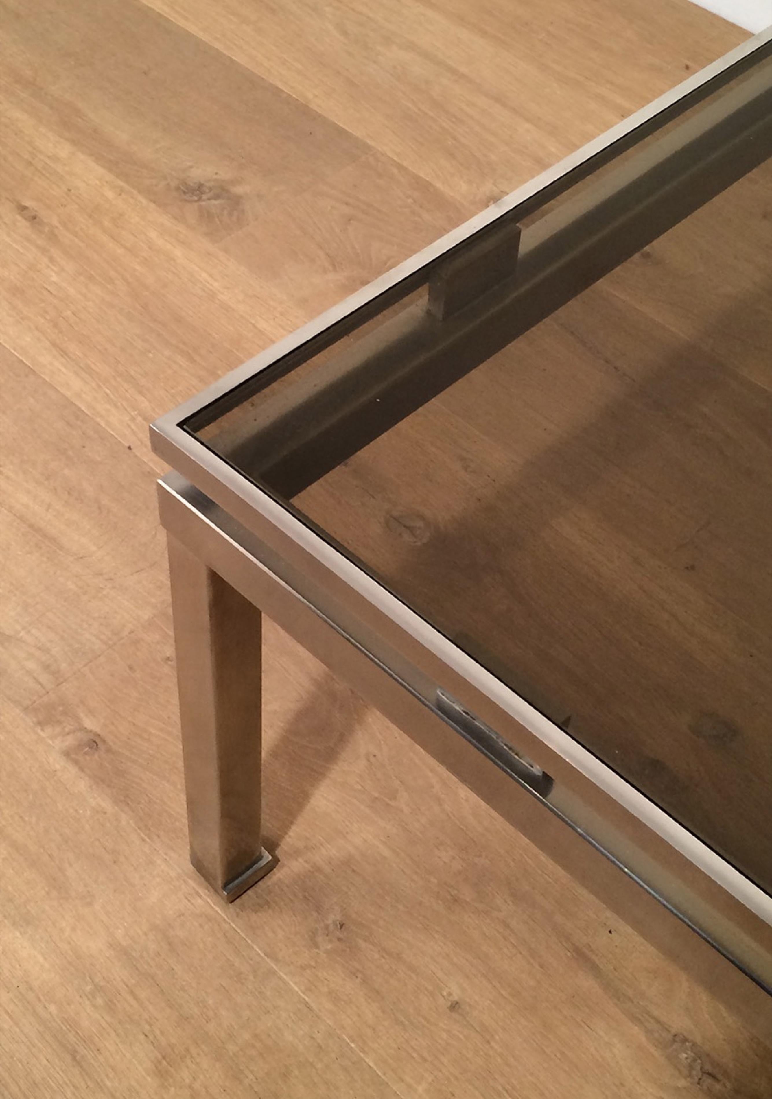 French Guy Lefevre, Brushed Steel Square Coffee Table, circa 1970