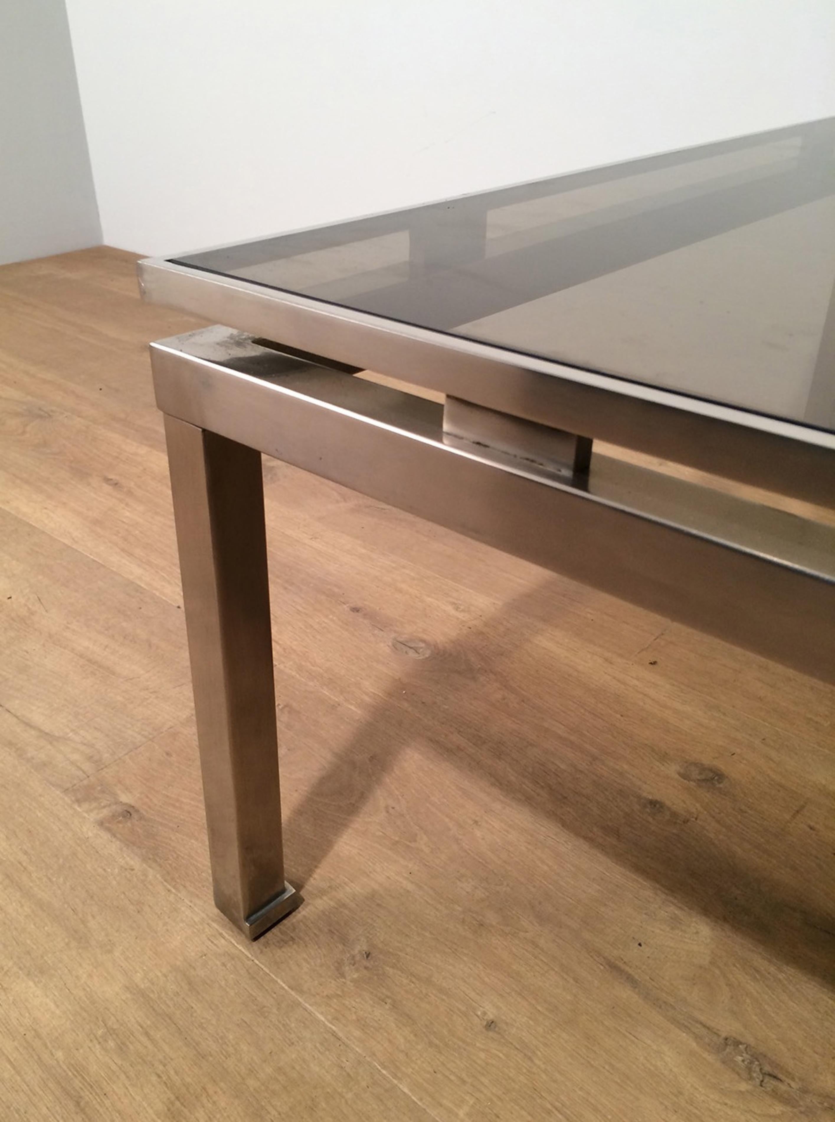 Guy Lefevre, Brushed Steel Square Coffee Table, circa 1970 In Good Condition In Marcq-en-Barœul, Hauts-de-France