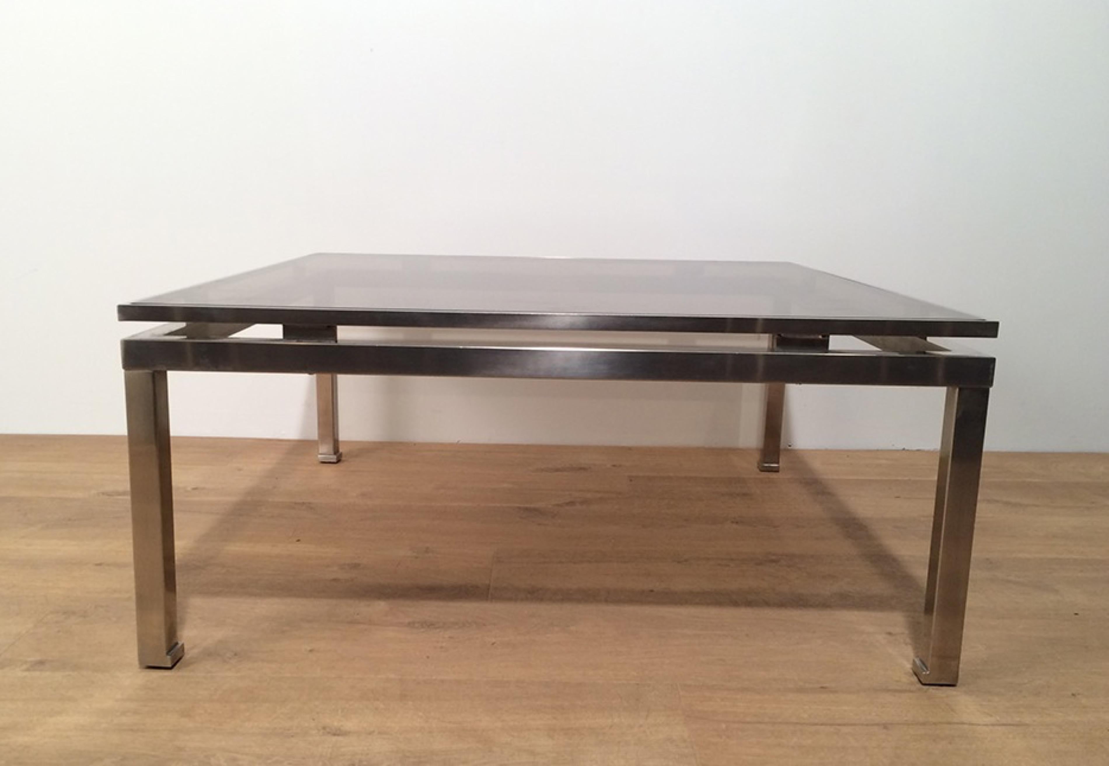 Glass Guy Lefevre, Brushed Steel Square Coffee Table, circa 1970