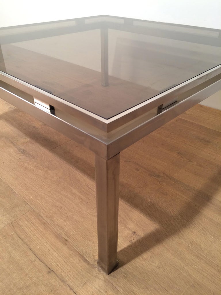 Guy Lefevre, Brushed Steel Square Coffee Table, circa 1970 at 1stDibs