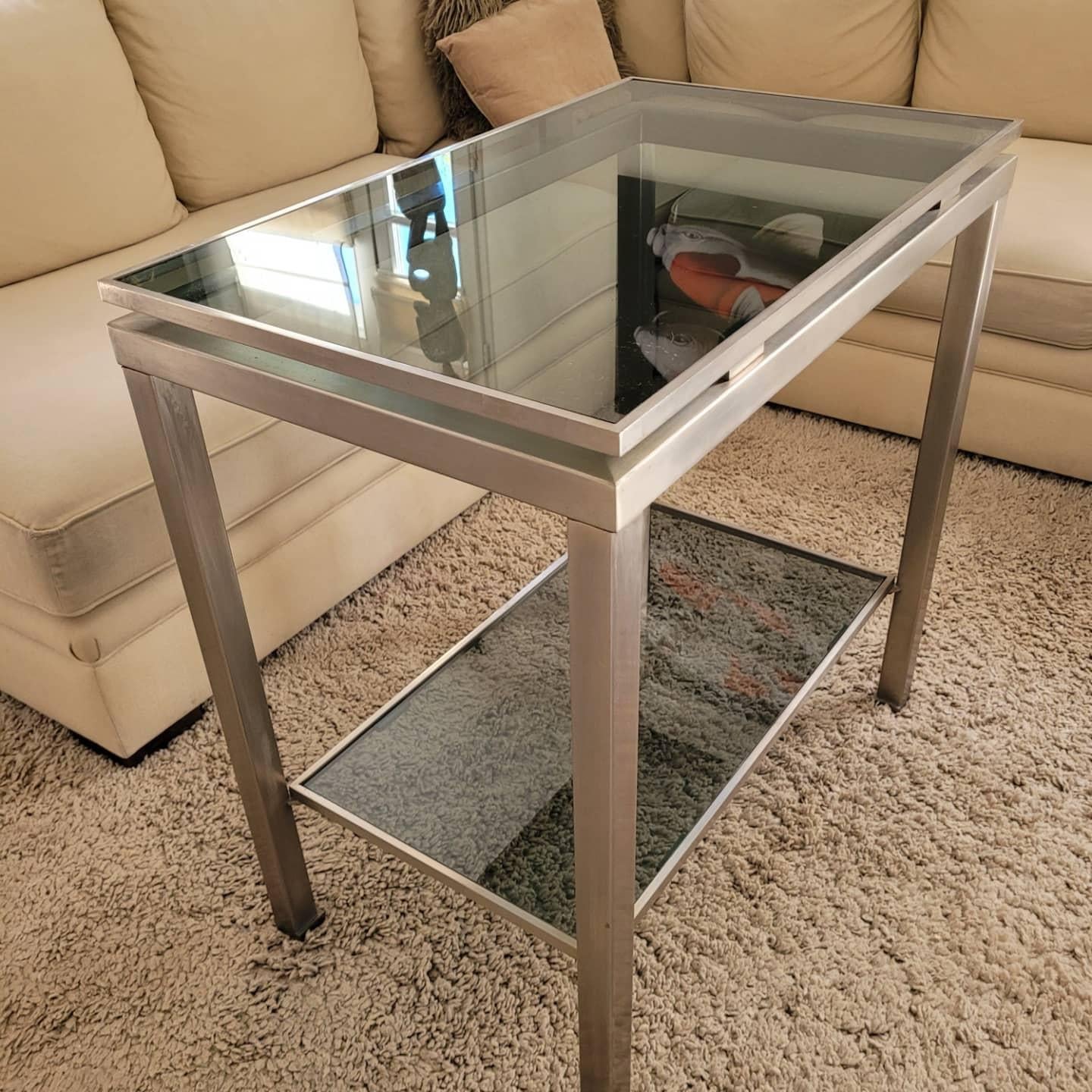 Late 20th Century Guy Lefèvre Console Table in Brushed Steel 2 Smoked Glass Tops, 1970