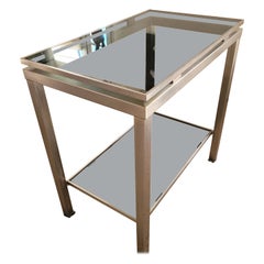Guy Lefèvre Console Table in Brushed Steel 2 Smoked Glass Tops, 1970