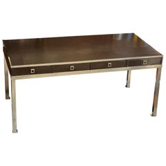 Bureau Guy Lefevre pour Maison Jansen, 4 Tiroirs, Cuir Marron, vers 1970