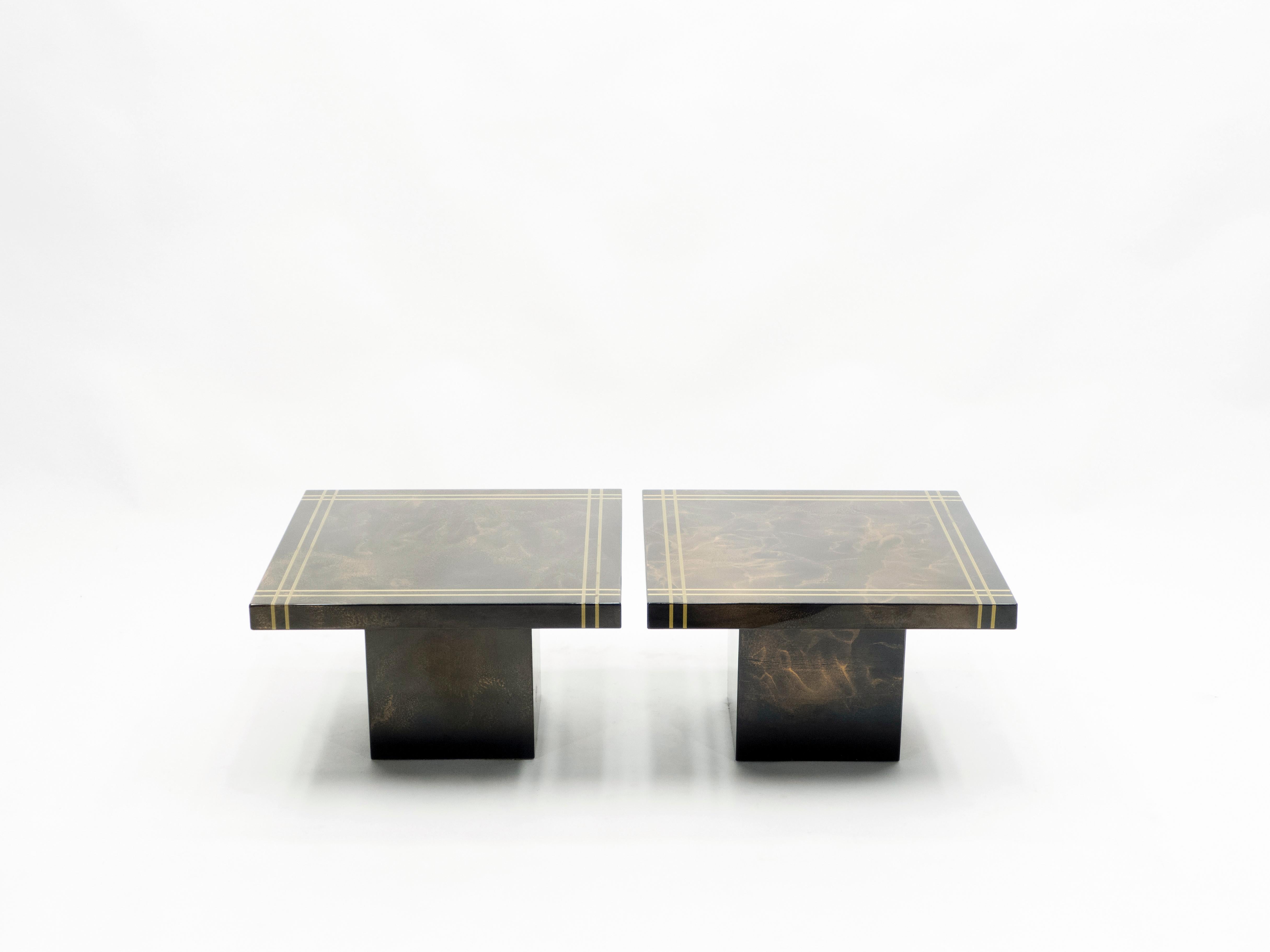 French Guy Lefevre for Ligne Roset Pair of Lacquered Brass End Table, 1970s