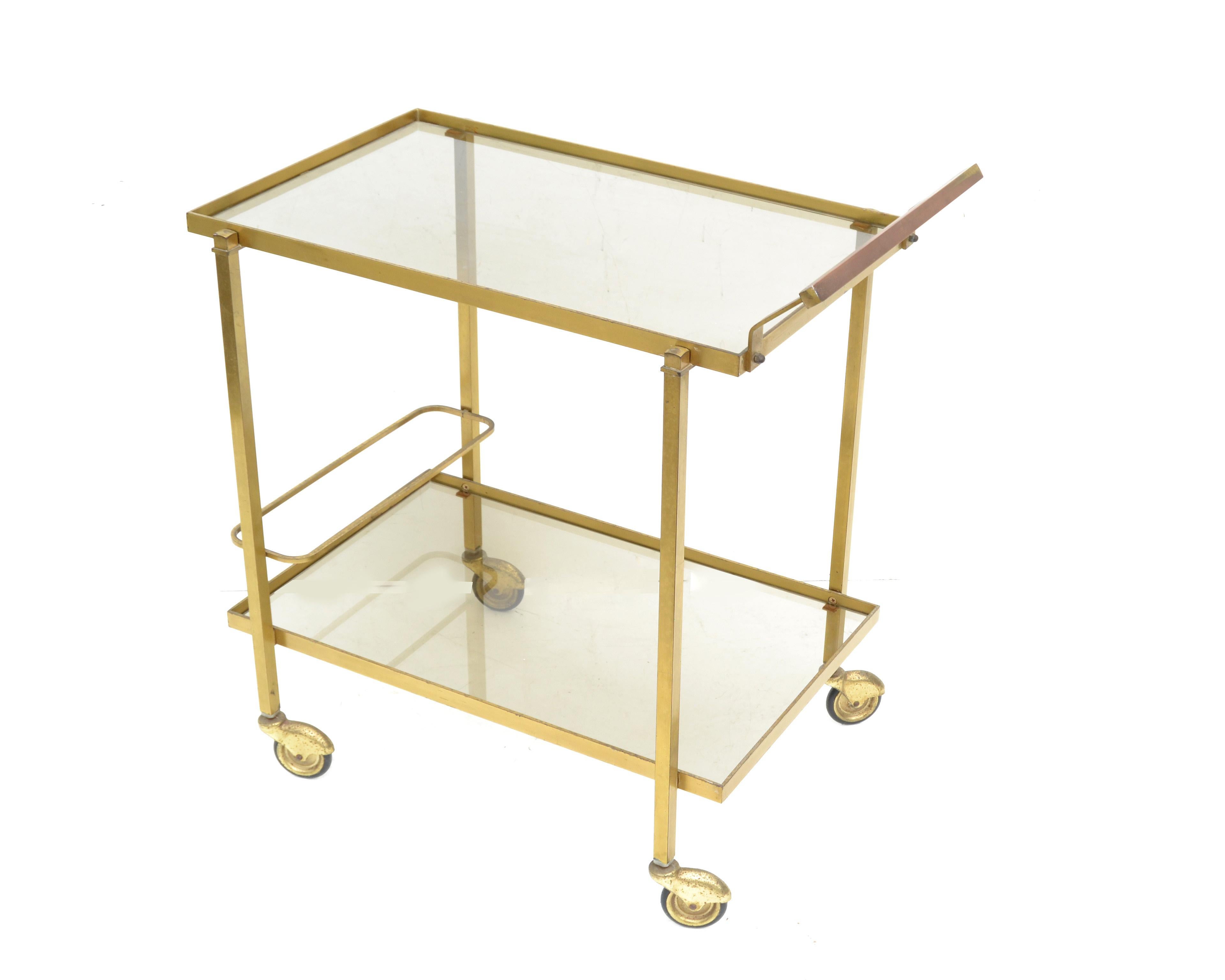 Patinated Guy Lefevre for Maison Jansen Bar Cart Brass & Glass French Mid-Century Modern