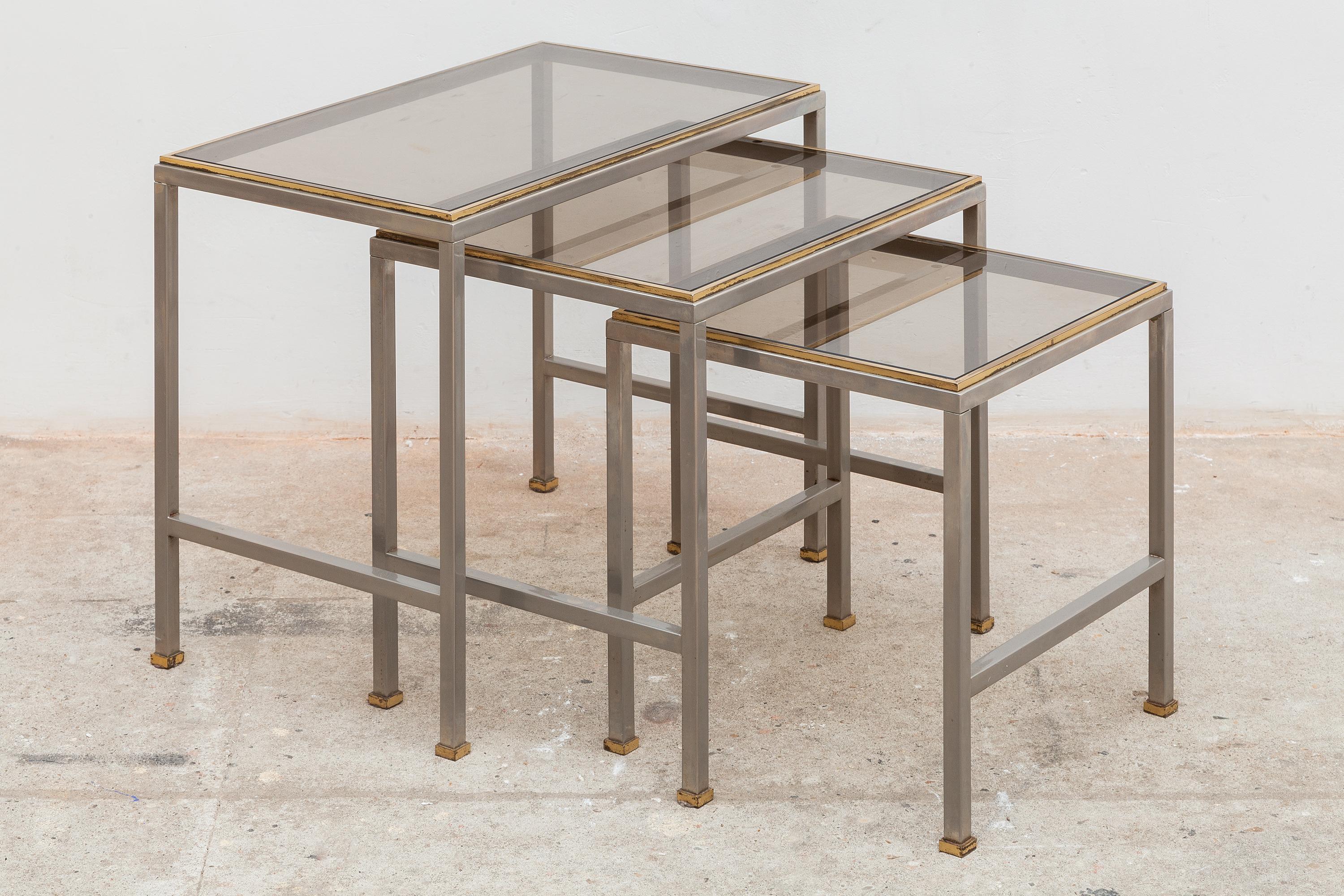Mid-Century Modern Guy Lefevre for Maison Jansen Brass and Chrome Glass Top Side Tables, 1970