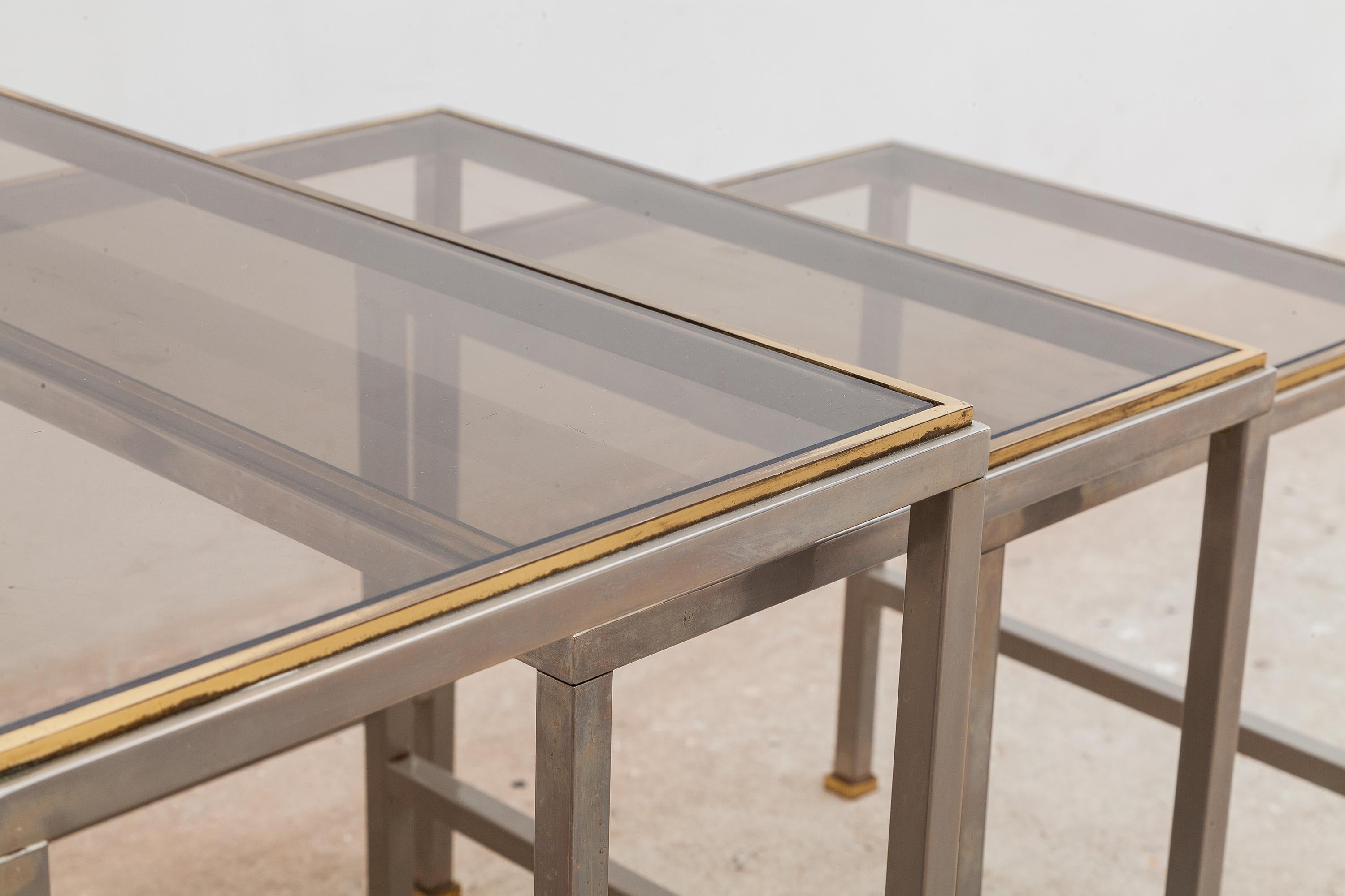 Late 20th Century Guy Lefevre for Maison Jansen Brass and Chrome Glass Top Side Tables, 1970