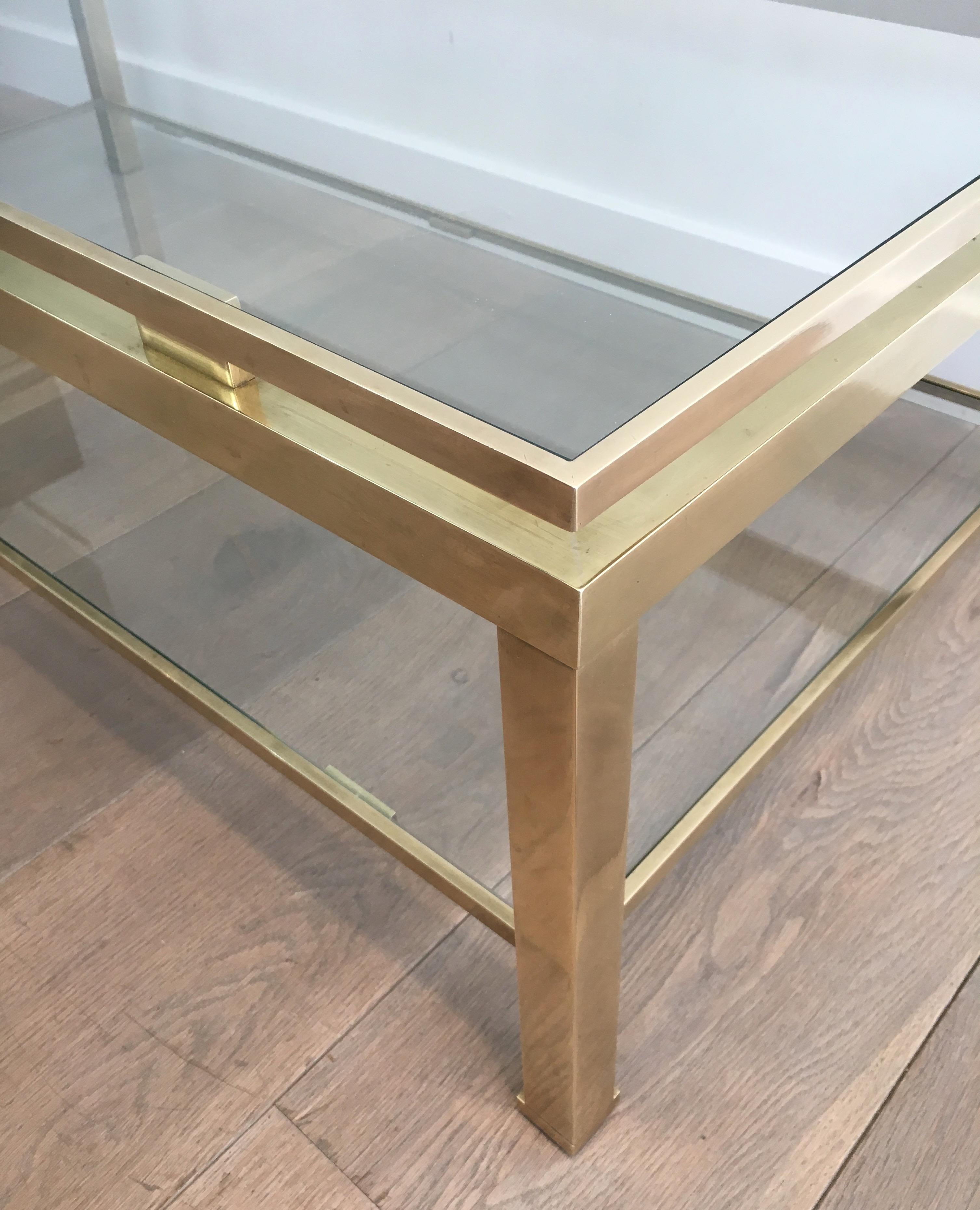 Guy Lefèvre for Maison Jansen, Brass Coffee Table with 2 Glass Shelves 1