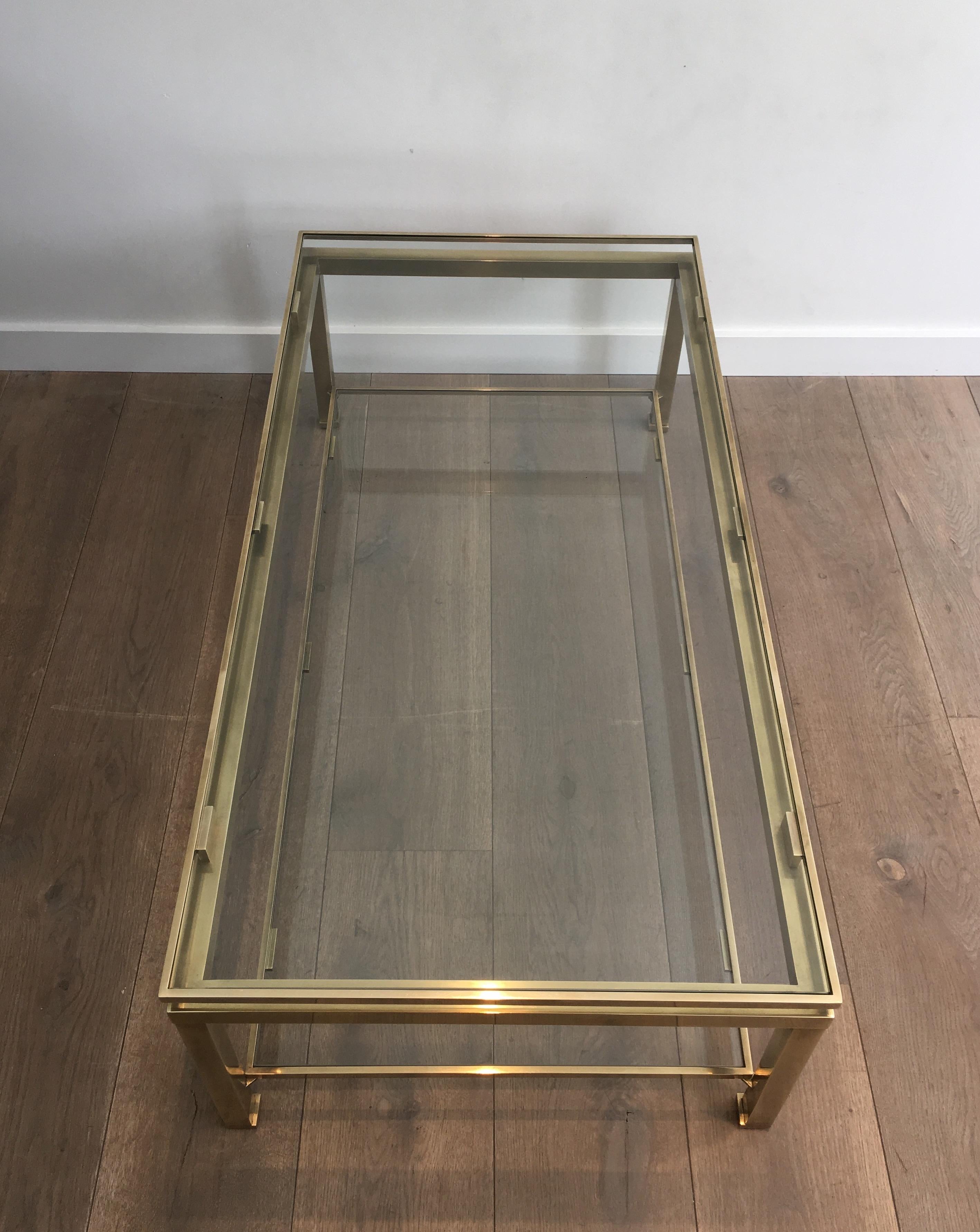 Guy Lefèvre for Maison Jansen, Brass Coffee Table with 2 Glass Shelves 3