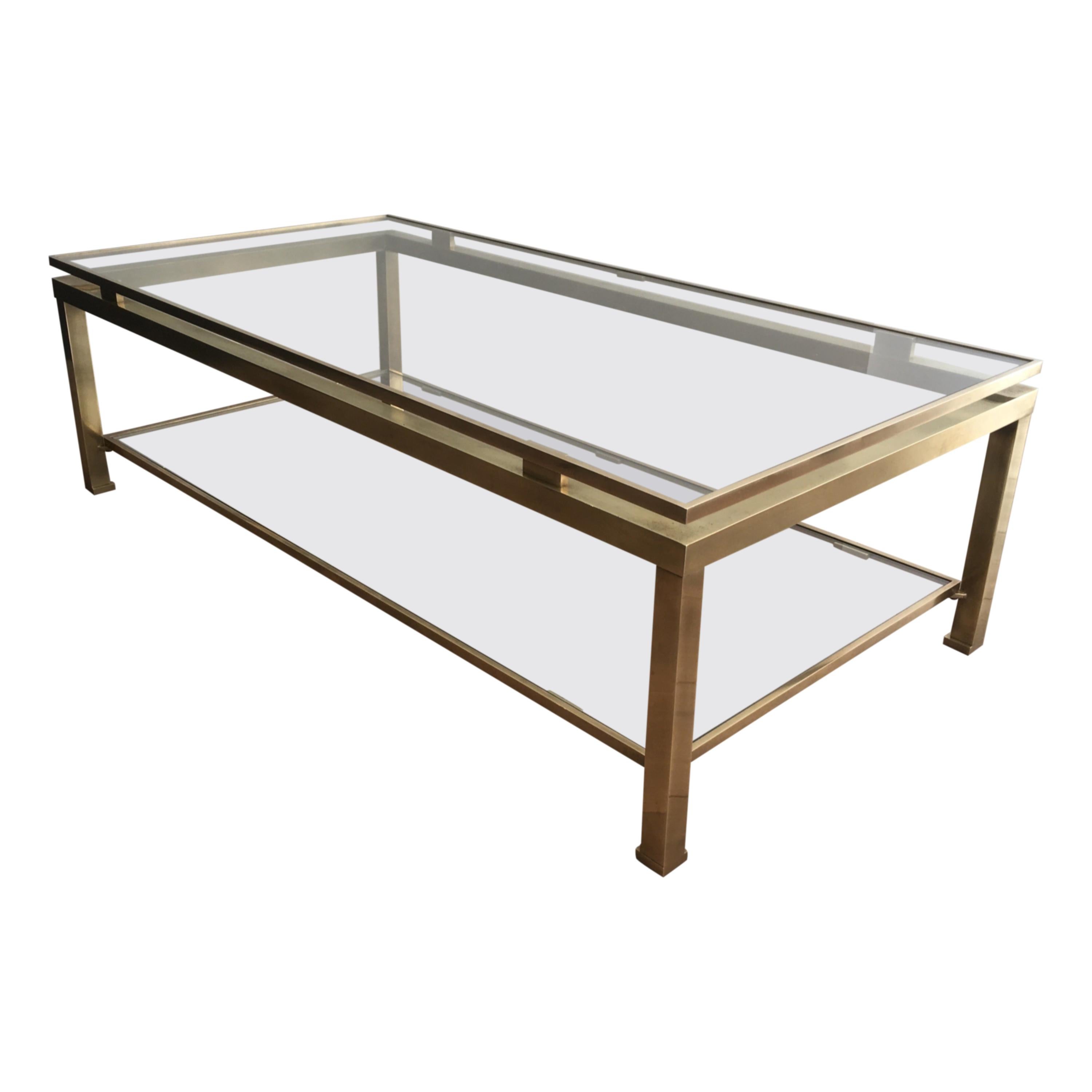 Guy Lefèvre for Maison Jansen, Brass Coffee Table with 2 Glass Shelves
