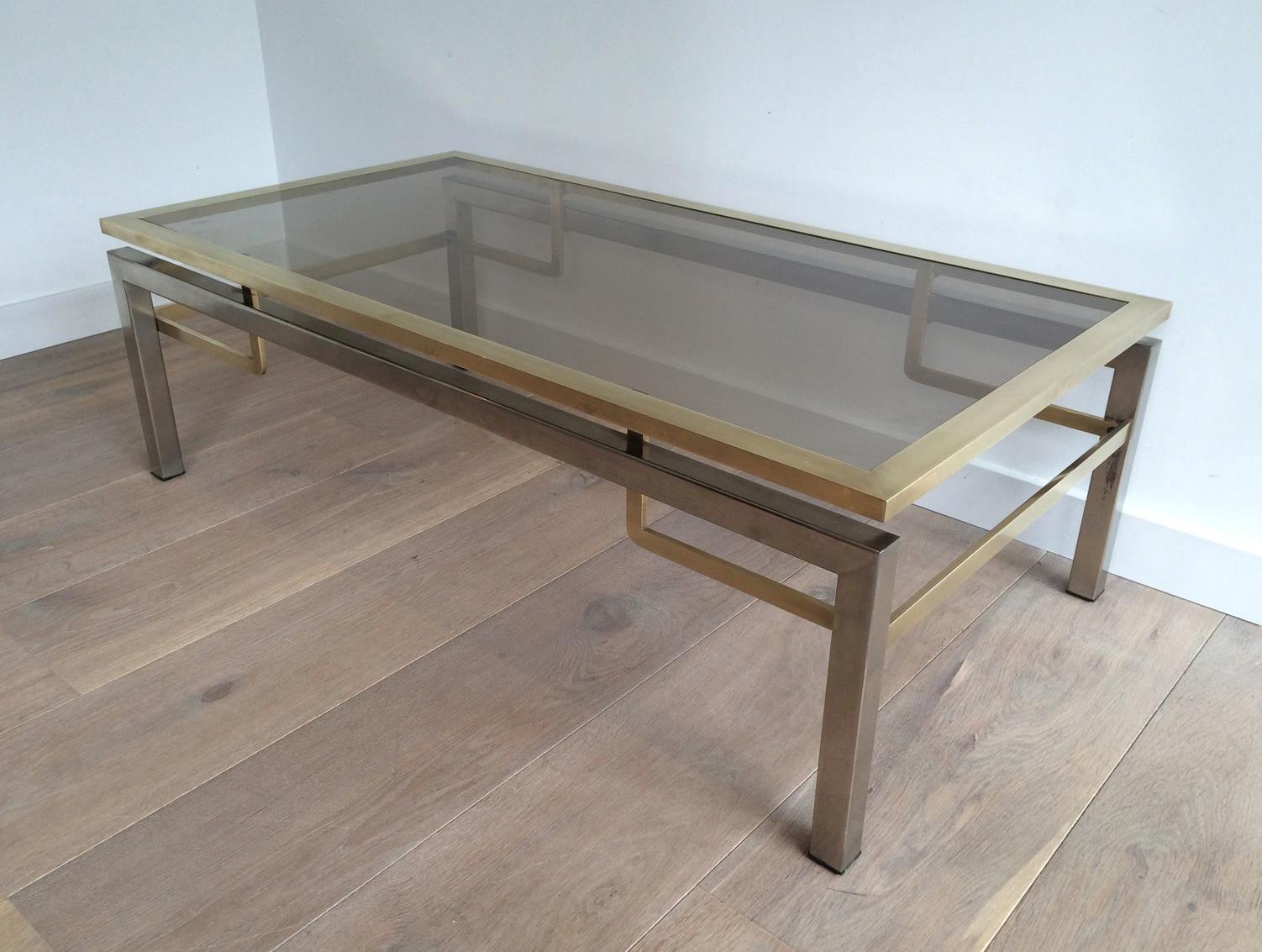 Mid-Century Modern Guy Lefèvre for Maison Jansen, Brushed Steel and Brass Coffee Table, French For Sale
