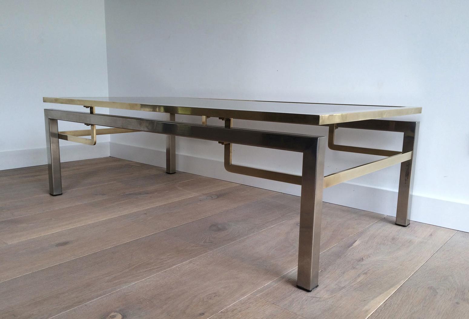 Guy Lefèvre for Maison Jansen, Brushed Steel and Brass Coffee Table, French In Good Condition In Marcq-en-Barœul, Hauts-de-France