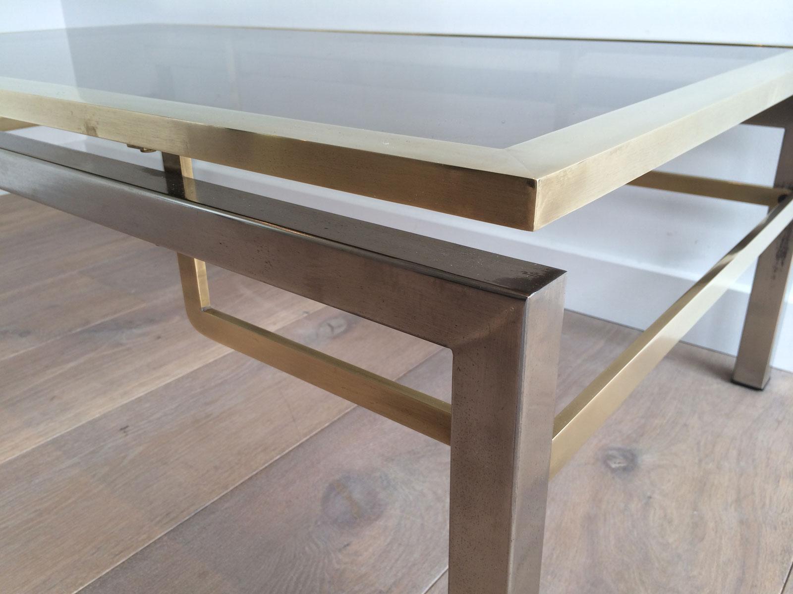 Guy Lefèvre for Maison Jansen, Brushed Steel and Brass Coffee Table, French 1