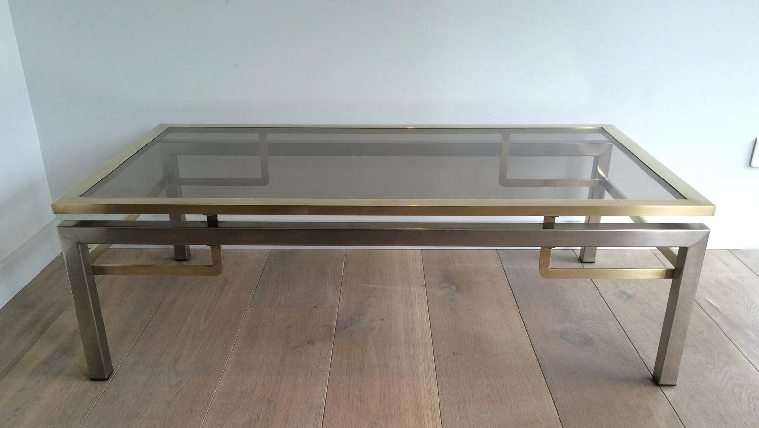 Guy Lefèvre for Maison Jansen, Brushed Steel and Brass Coffee Table, French For Sale 4
