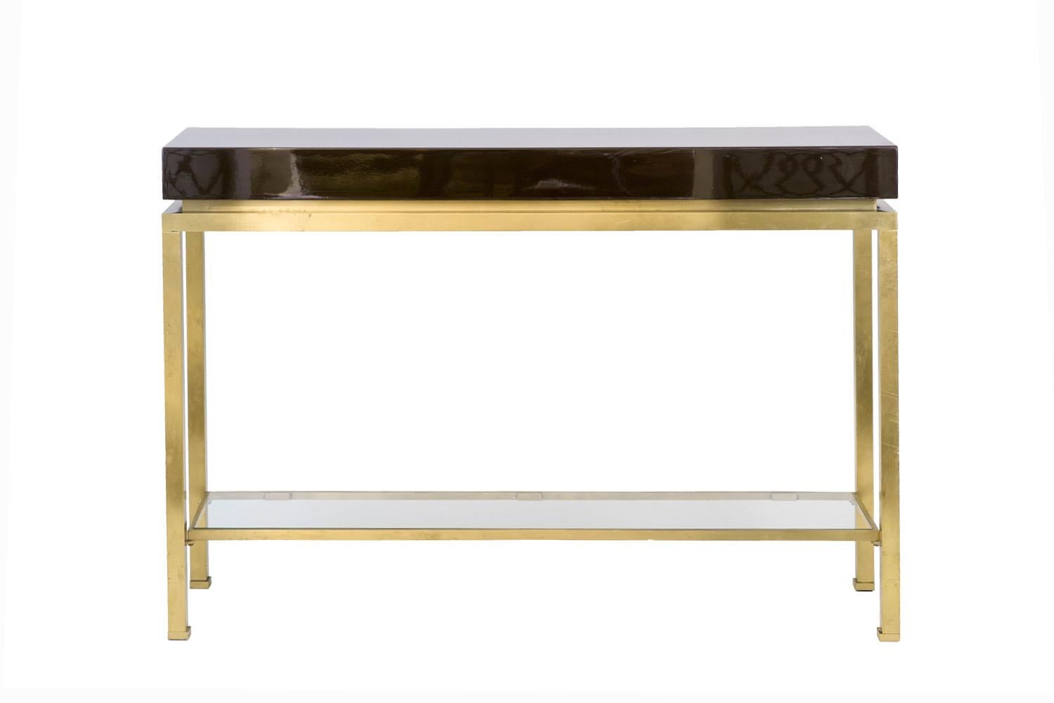 French Guy Lefèvre for Maison Jansen, Lacquer and Brass Console, 1970s