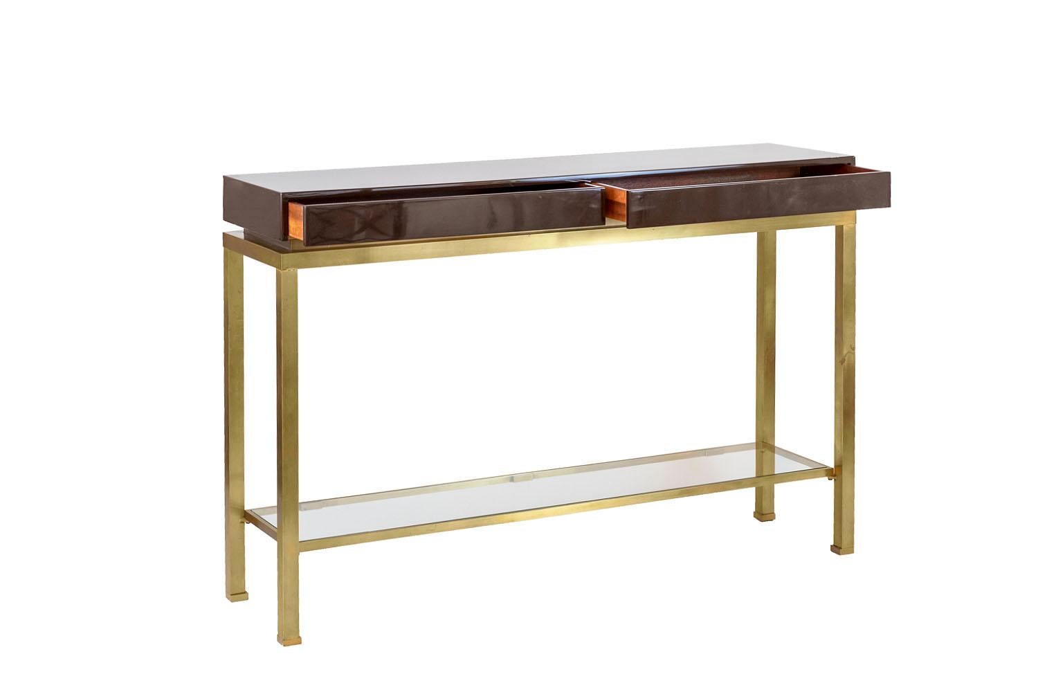 Guy Lefèvre for Maison Jansen, Lacquer and Brass Console, 1970s In Good Condition In Saint-Ouen, FR