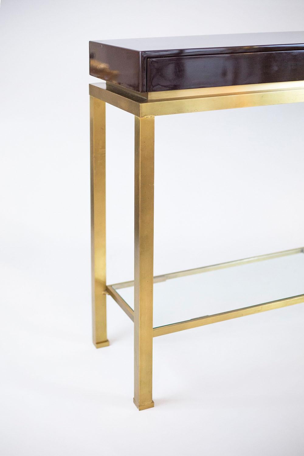 Glass Guy Lefèvre for Maison Jansen, Lacquer and Brass Console, 1970s