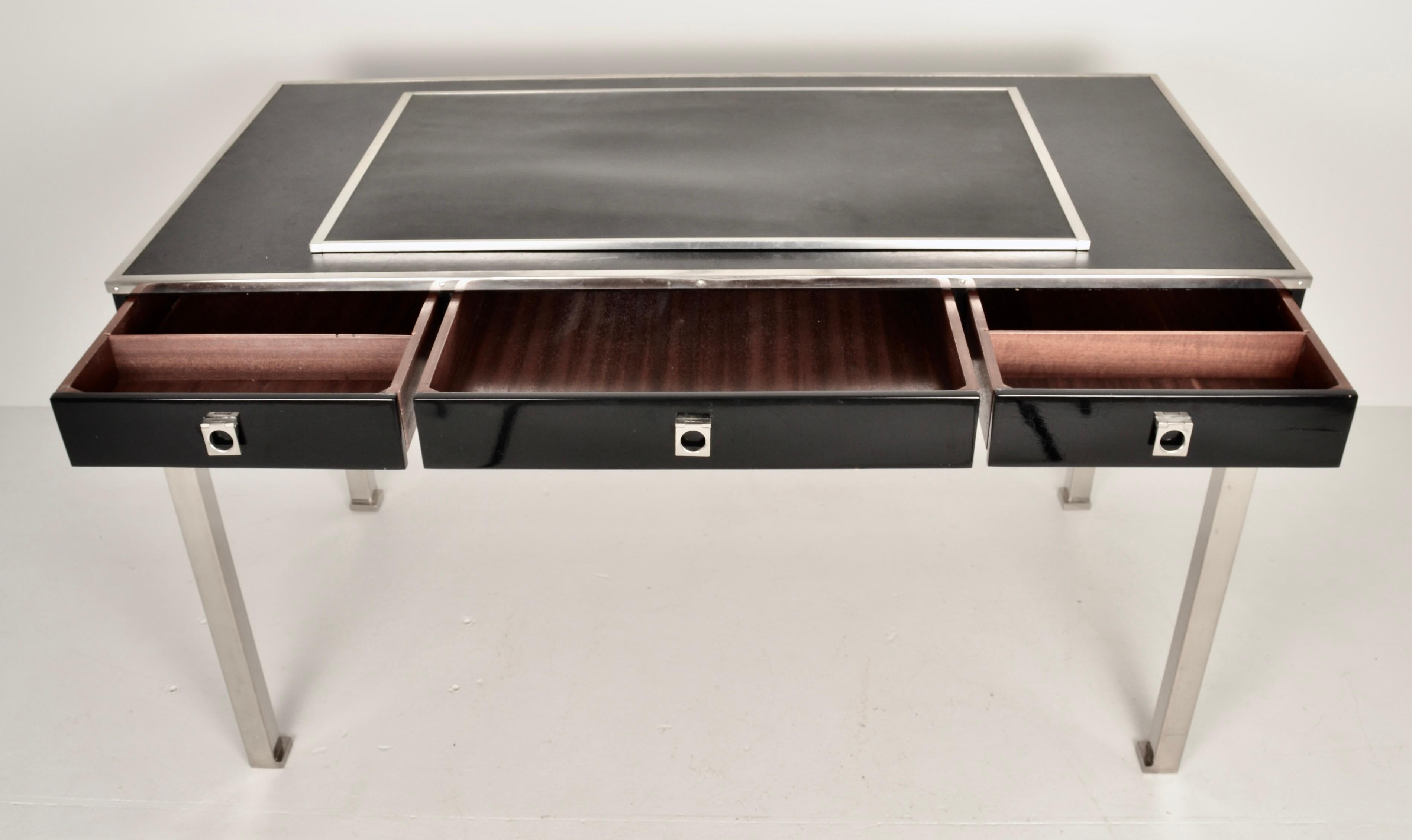 Guy LeFevre for Maison Jansen Lacquered Wood w/ Leather Desk, France C 1970s In Good Condition For Sale In Norwalk, CT