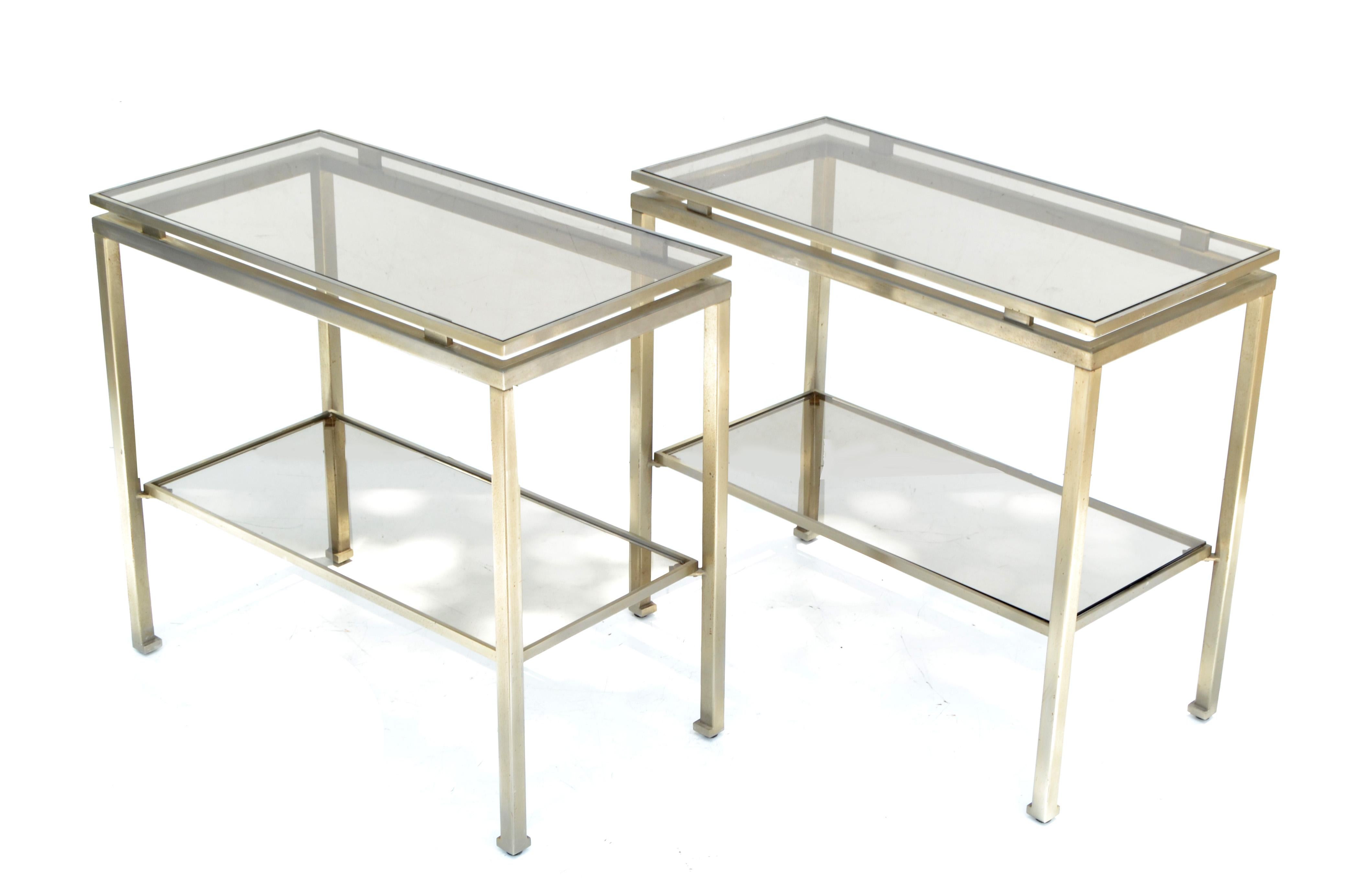 Mid-Century Modern Guy Lefevre for Maison Jansen Nickel & Glass Top Side, End Table France, Pair