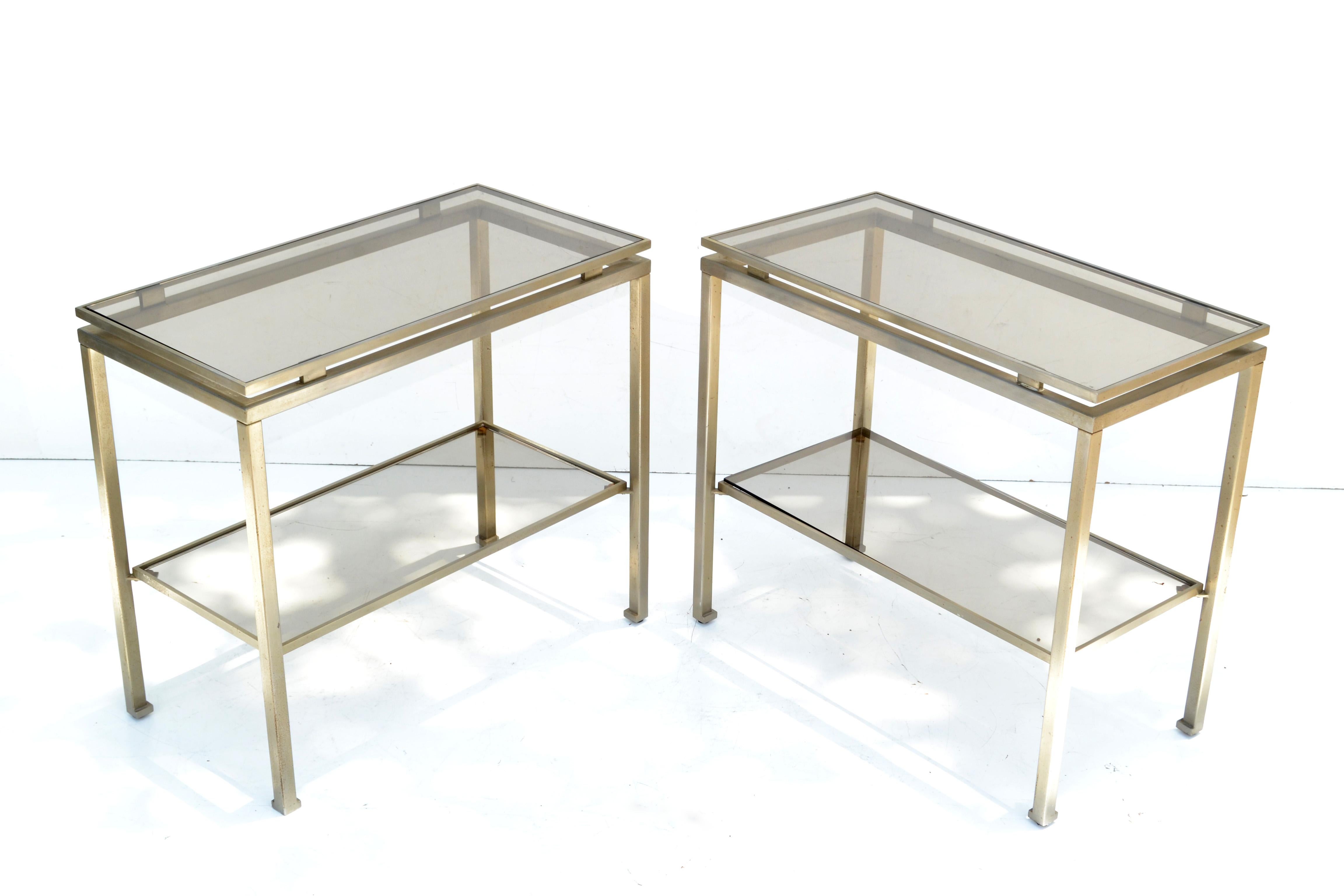 French Guy Lefevre for Maison Jansen Nickel & Glass Top Side, End Table France, Pair