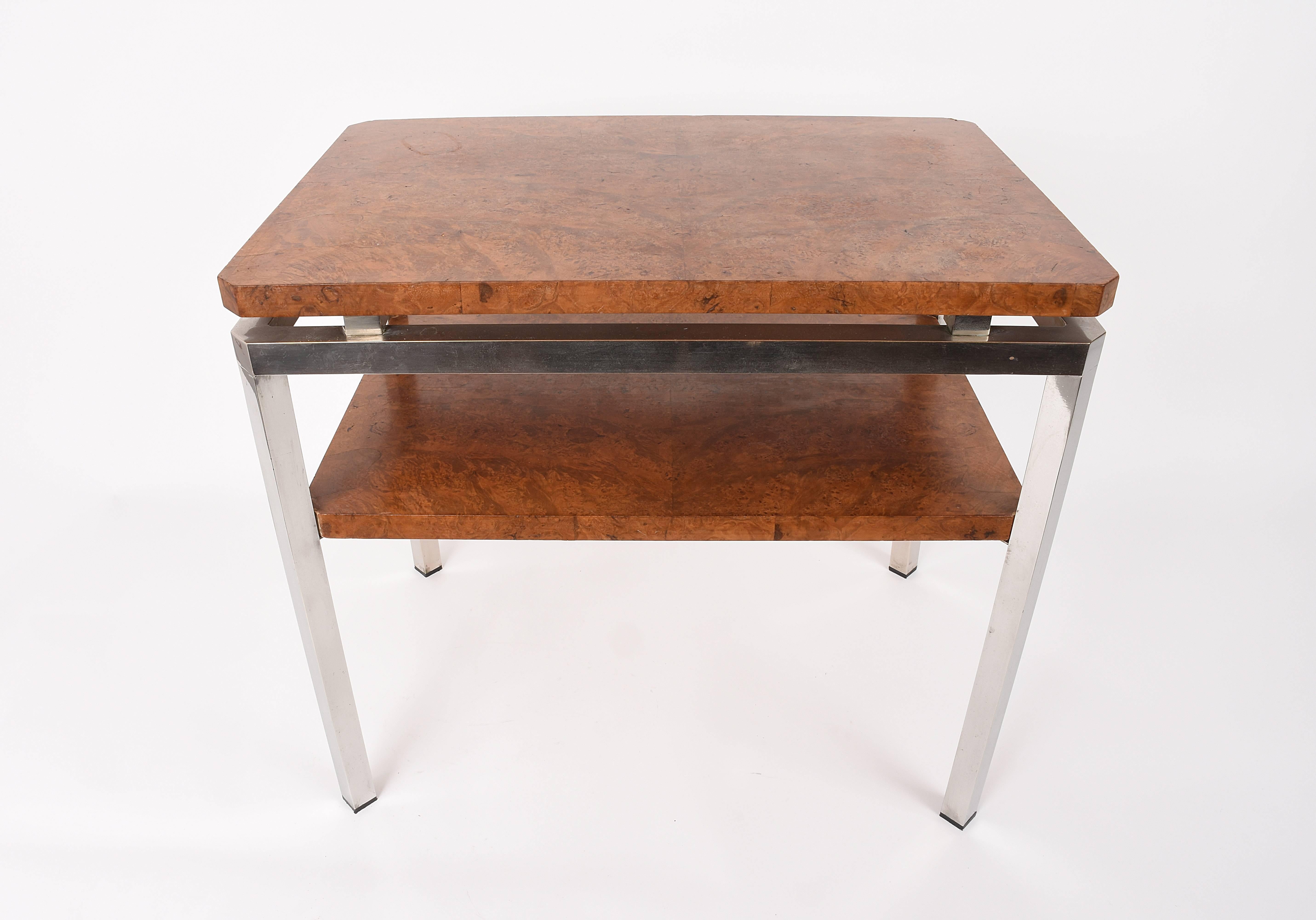 Mid-Century Modern Guy Lefevre for Maison Jansen Side Table in Steel and Walnut Burl, Two Levels For Sale