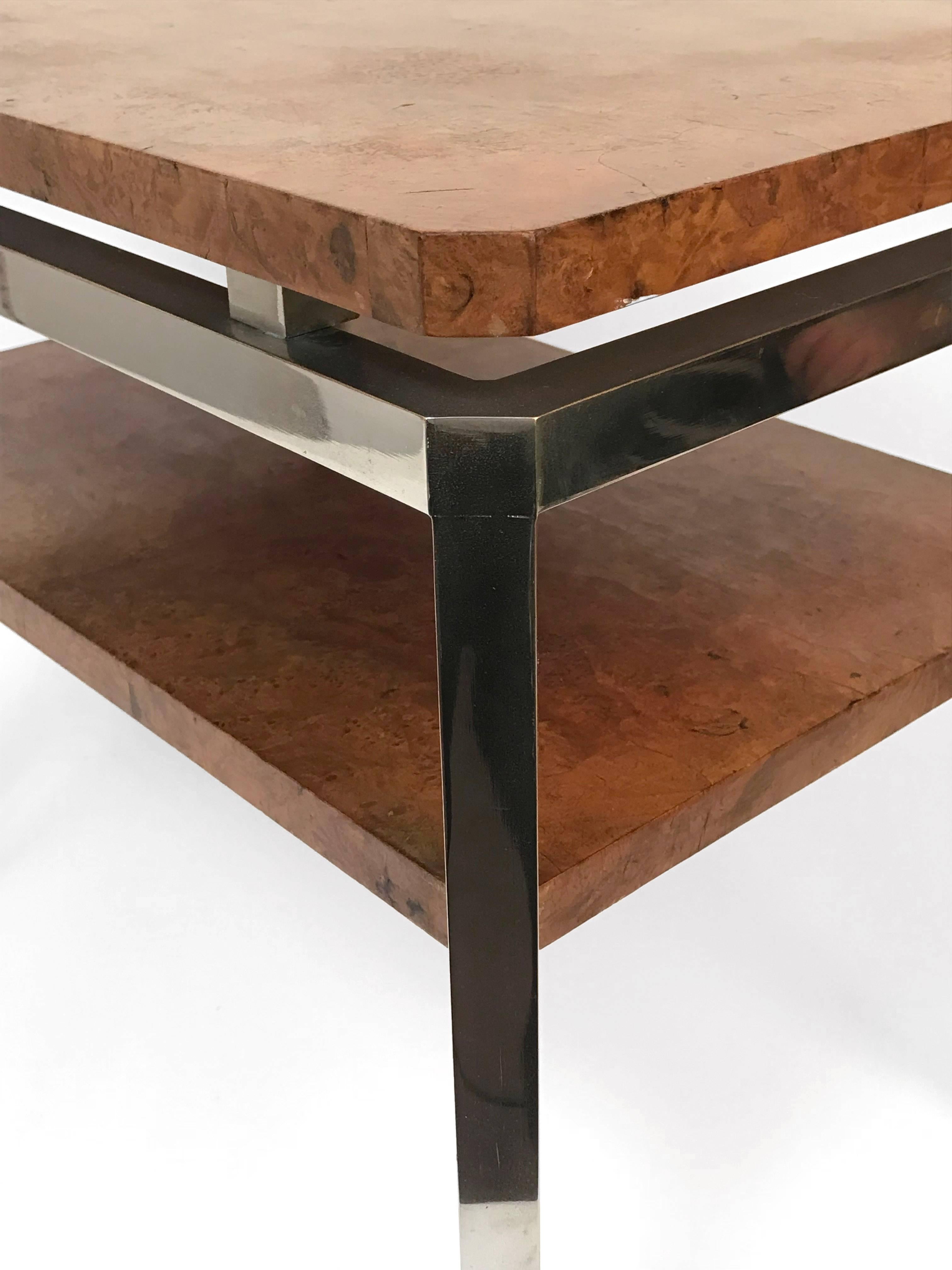 20th Century Guy Lefevre for Maison Jansen Side Table in Steel and Walnut Burl, Two Levels For Sale