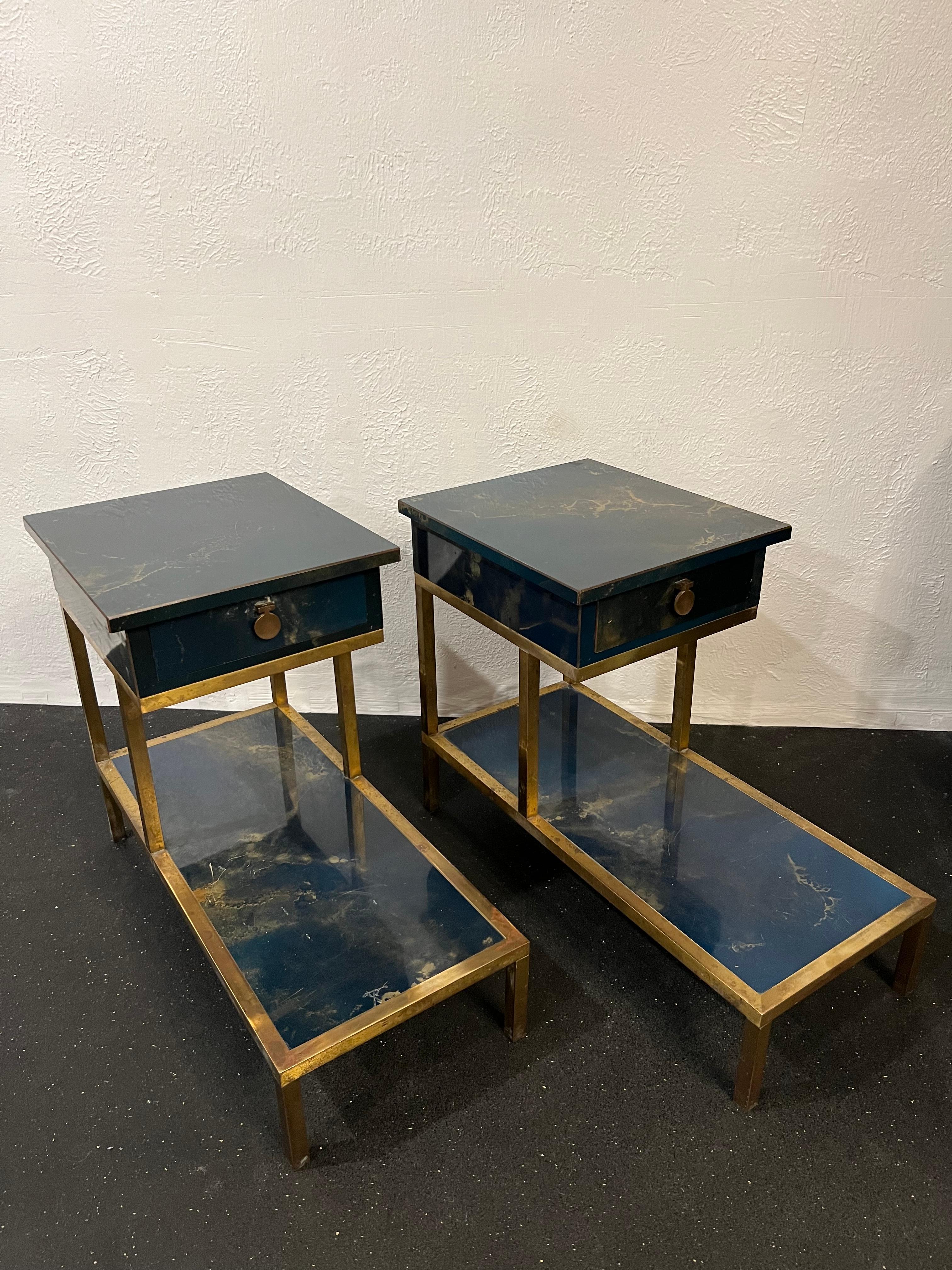 Mid-Century Modern Guy Lefevre for Maison Jansen Two-Tiered Lacquered and Bronze Tables, a Pair For Sale