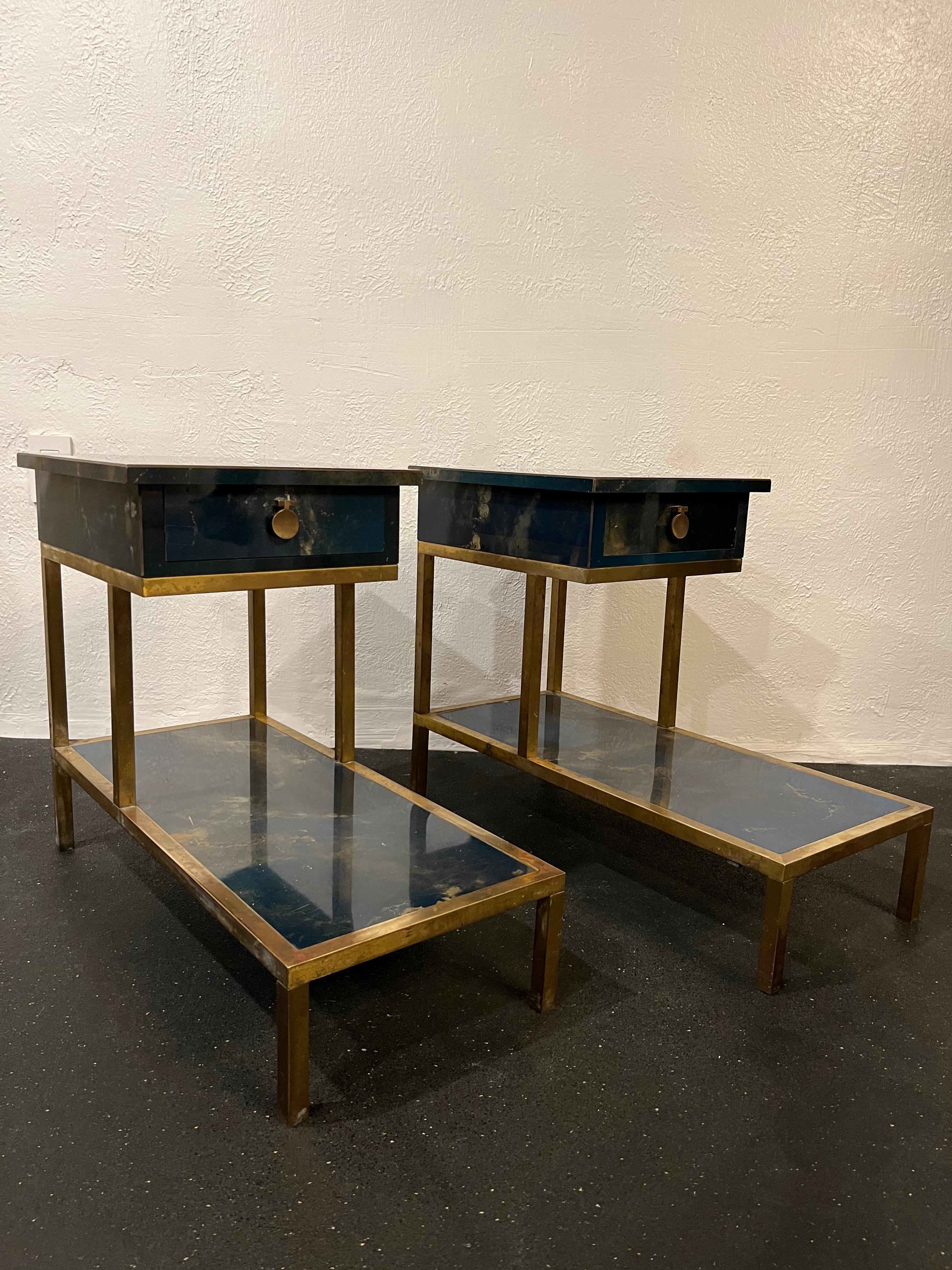 French Guy Lefevre for Maison Jansen Two-Tiered Lacquered and Bronze Tables, a Pair For Sale