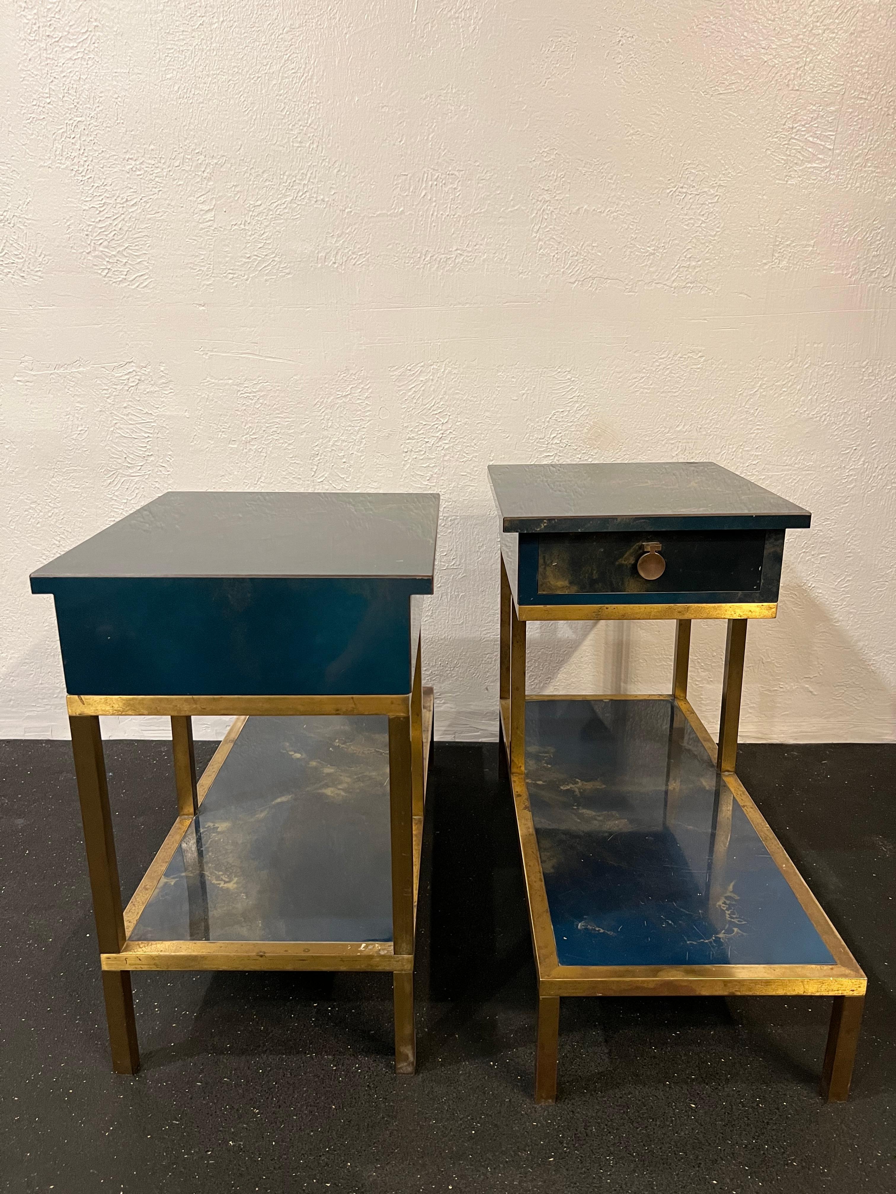 Guy Lefevre for Maison Jansen Two-Tiered Lacquered and Bronze Tables, a Pair In Fair Condition For Sale In West Palm Beach, FL