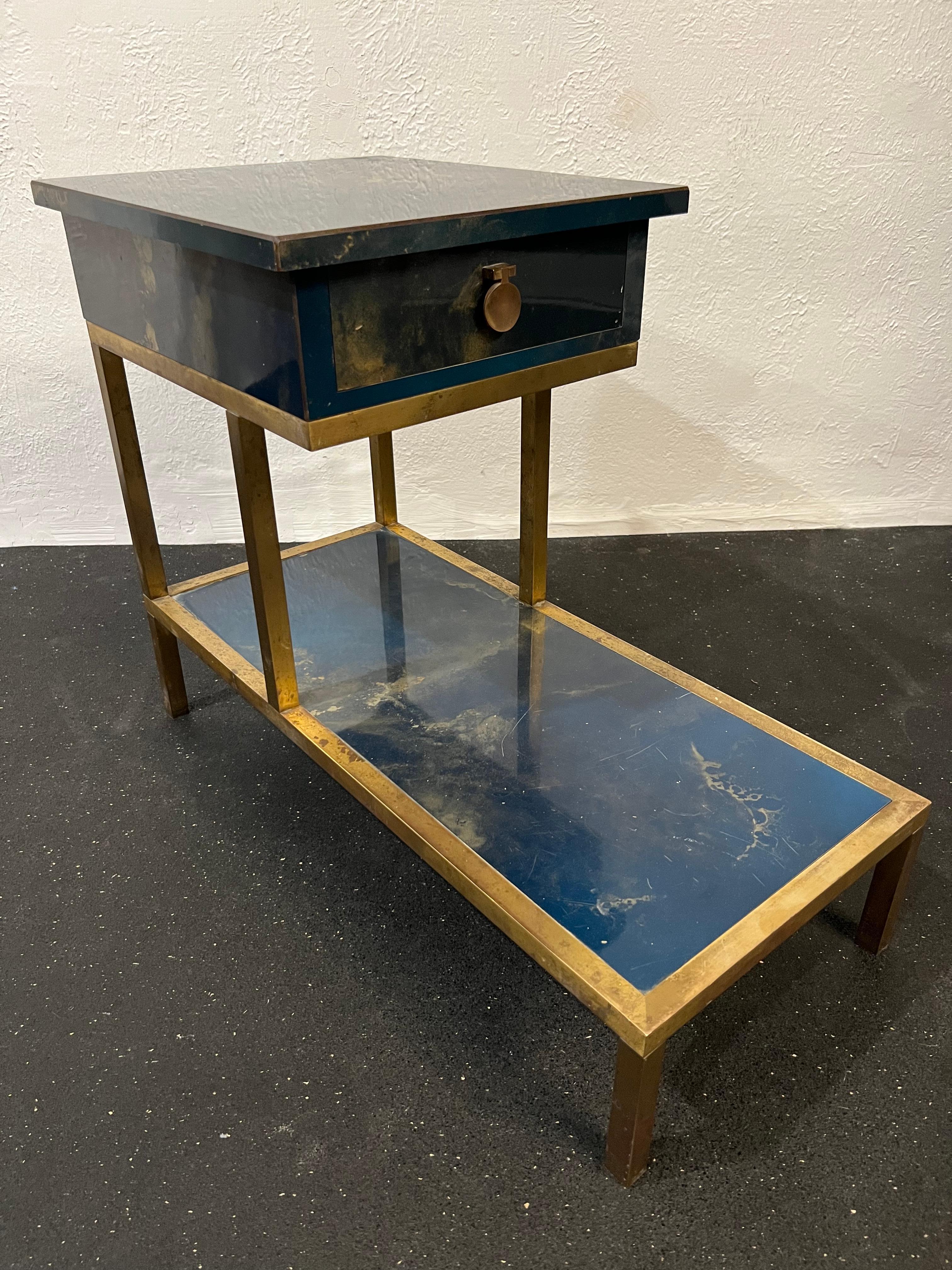 Mid-20th Century Guy Lefevre for Maison Jansen Two-Tiered Lacquered and Bronze Tables, a Pair For Sale