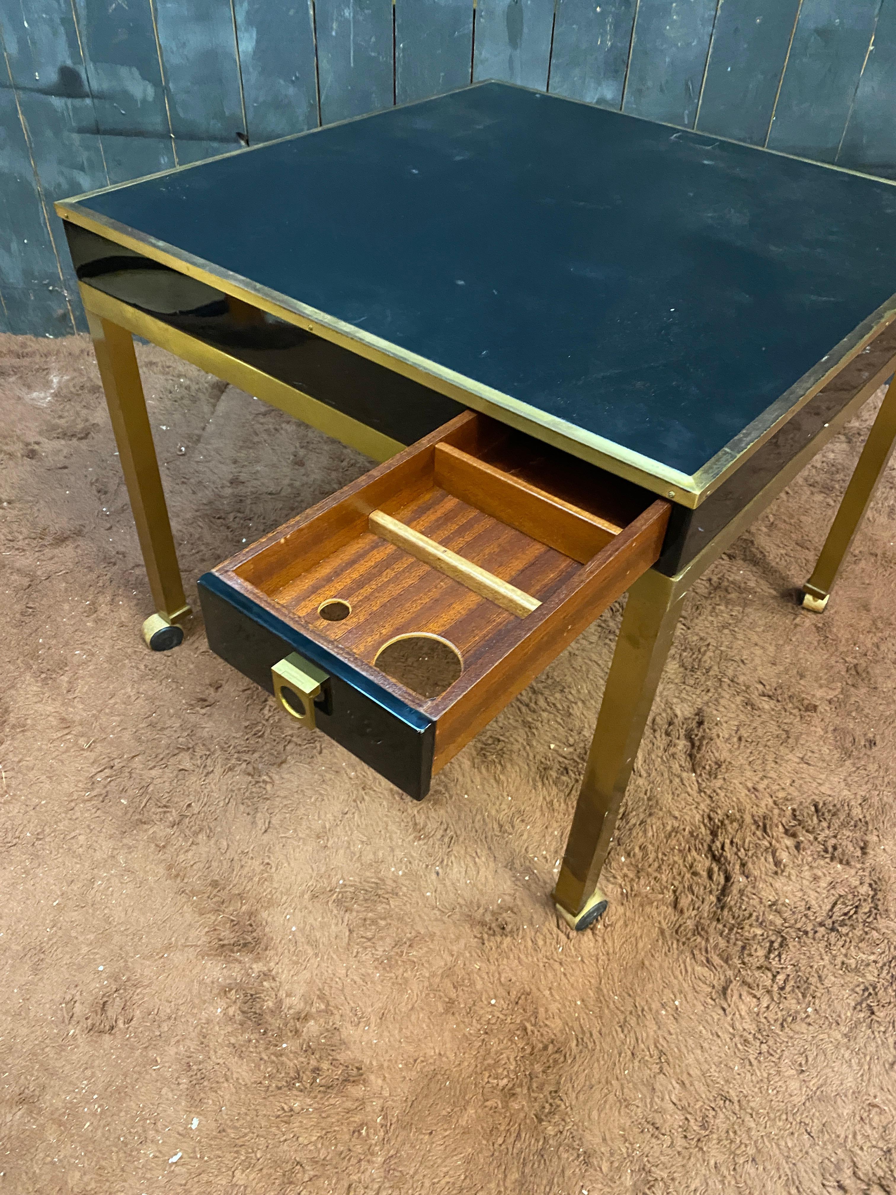 French Guy LEFEVRE, game table in brass, lacquered wood  circa 1970 For Sale