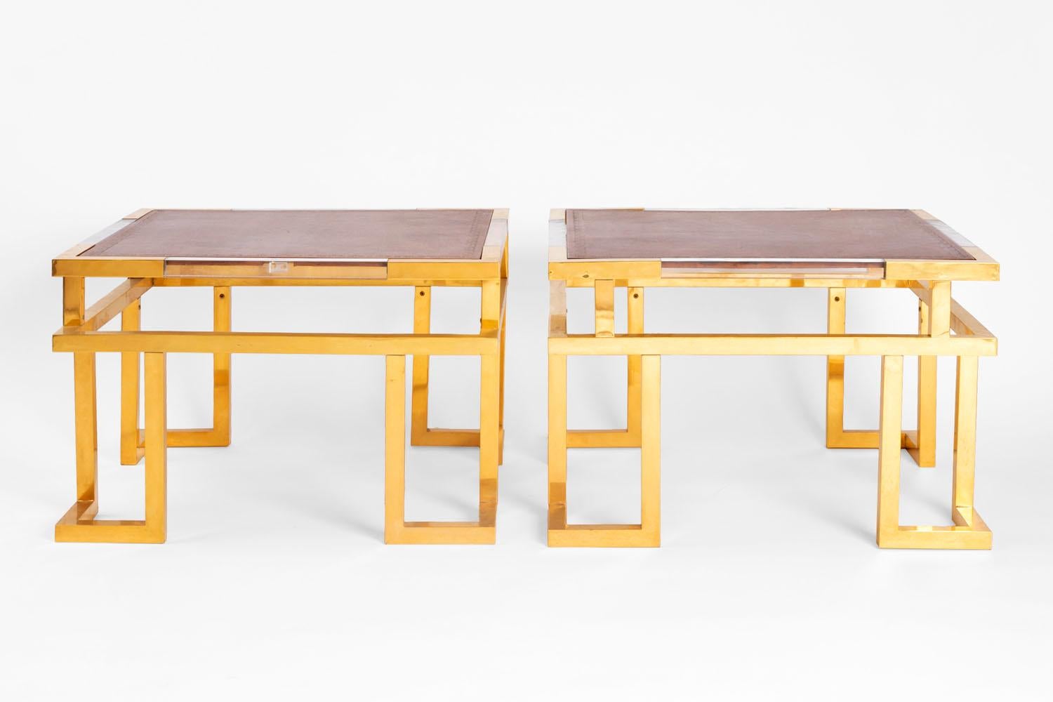 Other Guy Lefevre, Pair of Giltbrass, Plexiglas and Leather End Tables, circa 1970