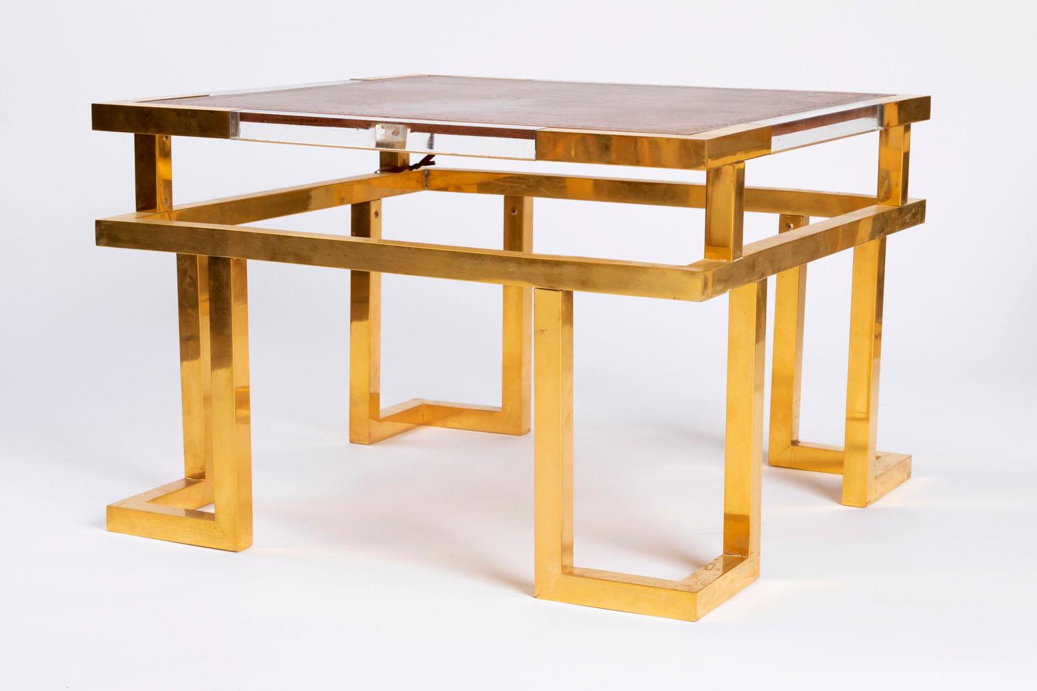 French Guy Lefevre, Pair of Giltbrass, Plexiglas and Leather End Tables, circa 1970