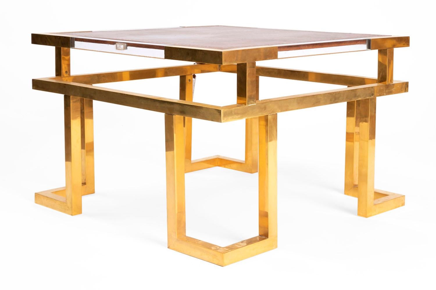 Guy Lefevre, Pair of Giltbrass, Plexiglas and Leather End Tables, circa 1970 In Good Condition In Saint-Ouen, FR