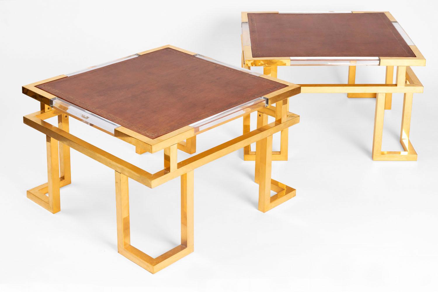 Late 20th Century Guy Lefevre, Pair of Giltbrass, Plexiglas and Leather End Tables, circa 1970