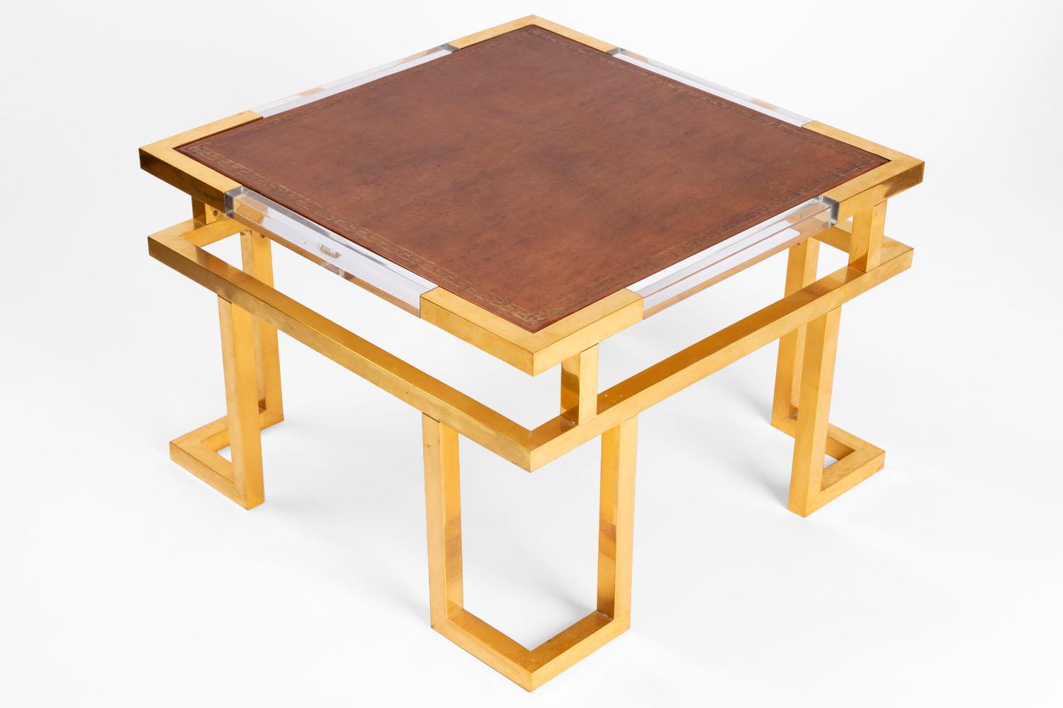 Brass Guy Lefevre, Pair of Giltbrass, Plexiglas and Leather End Tables, circa 1970