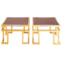 Guy Lefevre, Pair of Giltbrass, Plexiglas and Leather End Tables, circa 1970