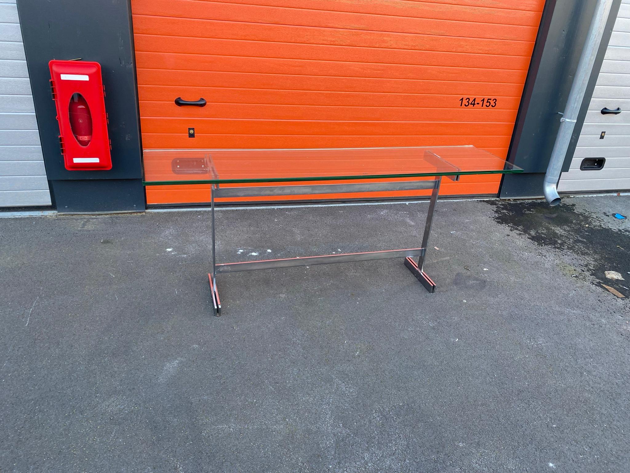 French Guy Lefevre, Rare Console Table in Steel and Glass, circa 1970 For Sale