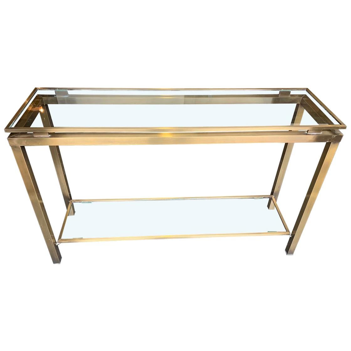 Guy Lefevre Style Gilt Metal Console with Two Glass Shelves
