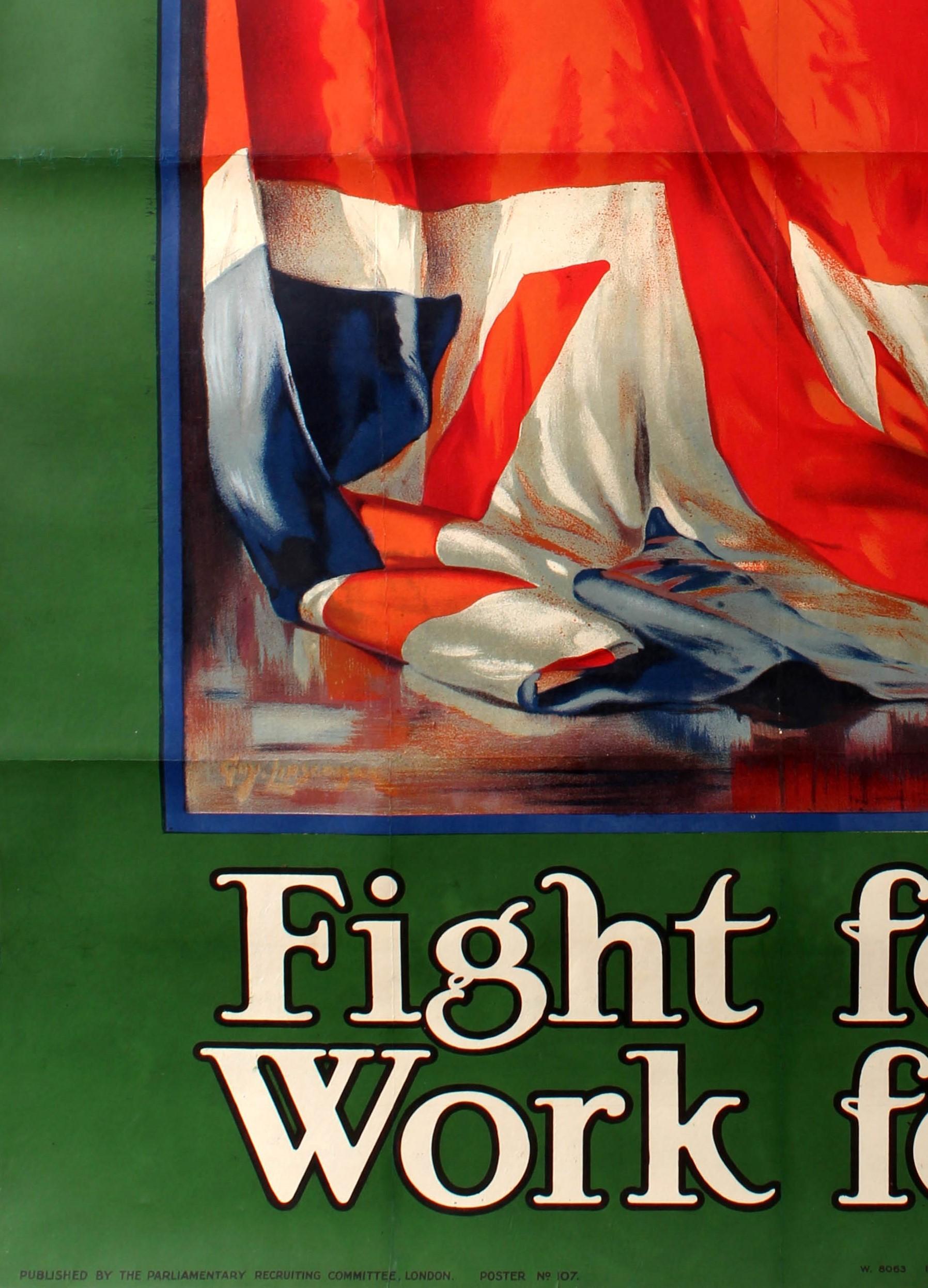 Originales antikes britisches Rekrutierungsplakat für den Ersten Weltkrieg mit einem Gemälde der Union-Jack-Flagge in einem blauen Rahmen und grüner Umrandung, der stilisierte Text in Weiß und Schwarz oben und unten - It's our flag Fight for it Work